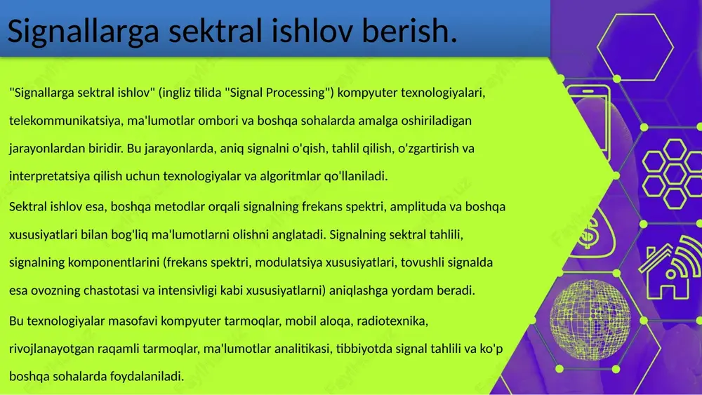 va fazasini o'zgartirishda foydalaniladi. wavelet o'zgartirish algoritmi: signalni wavelet tizimi asosida ifodalaydi. bu algoritm signalning frekans va vaqt spektrlarini bir xil paytda tahlil qilishga imkon beradi va signalning lokal xususiyatlari ustida ishlash uchun foydalaniladi. karhunen-loève o'zgartirish algoritmi: bu algoritm statistik ma'lumotlar tizimi asosida ishlaydi va signalni uni ifodalashda foydalanadi. u signalning nisbiy o'rtasini yoki varianciasini o'zgartirishda foydalaniladi. principal component analysis (pca - asosiy komponent analizi): bu statistik usul ma'lumotlar omborini ishlab chiqishda va signalni boshqa bazisga o'tkazishda ishlatiladi. u signalning eng muhim komponentlarini aniqlash uchun qo'llaniladi va signalni eng mos ko'rsatkichlar asosida ifodalashda yordam beradi. this presentation uses a free template provided by fppt.com www.free-power-point-templates.com spektral o‘zgartirish algoritmlarining xususiyatlari. spektral o'zgartirish algoritmalar, signalni boshqa spektral bazisga o'tkazish va uni tahlil qilishda foydalaniladigan usullardir. ularning xususiyatlari, turli maqsadlarga mos ravishda o'zgaradi va har birining alohida foydalanish sohasi va imkoniyatlari mavjud. quyidagi xususiyatlarga ega bo'lgan spektral o'zgartirish algoritmalar mavjud: frekans bo'yicha yuqori …
