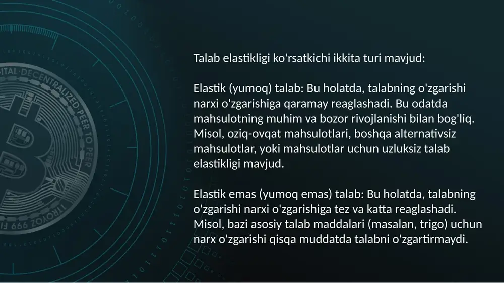 ladi: ko'p alternativlar: elastik talab bo'lishi uchun, iste'molchilarning mahsulotning o'rniga boshqa alternativlarga ega bo'lishi kerak. agar alternativlar mavjud bo'lmasa, iste'molchilar mahsulotning narxi o'zgarishiga tez reaglashmaydilar. narxqa sensatsiya: agar mahsulotning narxi o'zgarishiga qanday reaglashishning yetarli talqinini yetkazish talab elastikligini oshiradi. bu narxqa sensatsiya, iste'molchilarning o'zgarishlarni sezish va reaglashishlarini kuchaytiradi. muhimlik va luxus: agar mahsulot muhimlikni o'z ichiga olmasa va uni sotib olish luxus bo'lsa, talab elastikligi yuqori bo'ladi. misol uchun, iste'molchilar uchun ehtiyojni qondiradigan mahsulotlar elastik talabga ega bo'ladi. this presentation uses a free template provided by fppt.com www.free-power-point-templates.com oziq-ovqat va boshqa talab mahsulotlari: oziq-ovqat va boshqa har xil talab mahsulotlari, masalan, qurilish materiallari va texnikani o'z ichiga olgan bo'lsa, talab elastikligi oshadi. bu turdagi mahsulotlarni iste'molchilar ko'proq narxning o'zgarishiga qaramay sotib olishadi. bepul yoki arzon alternativlar: agar o'zgarishlar qanday bo'lishi mumkinligini oshiradigan bepul yoki arzon alternativlar mavjud bo'lsa, talab elastikligi oshadi. istalgan mahsulotni olish uchun ko'proq alternativlar mavjud bo'lsa, talab …