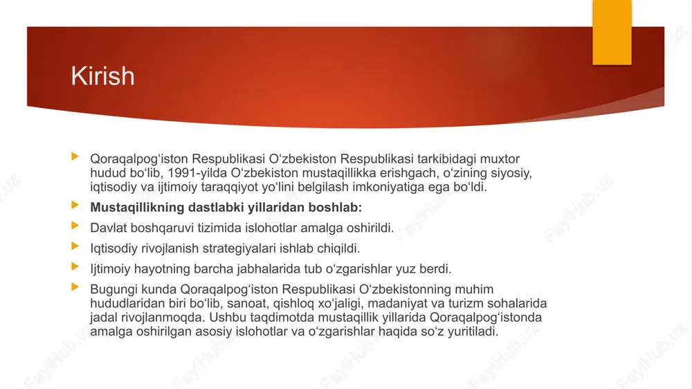 ta’lim jarayonida zamonaviy texnologiyalardan foydalanish kuchaydi. ✅ natija: ta’lim sifati yaxshilandi, yoshlarning bilim va kasb-hunar egallash imkoniyatlari kengaydi. madaniyat va san’at rivoji ✅ madaniy merosni asrash muzeylar, teatrlar va madaniyat markazlari rekonstruksiya qilindi. qoraqalpoq xalqining boy madaniyati va an’analari targ‘ib etildi. ✅ san’at va ijodiy rivojlanish yangi san’at maktablari va ijodiy uyushmalar tashkil etildi. xalq amaliy san’ati va zamonaviy ijodkorlik rivojlandi. ✅ madaniy tadbirlar va xalqaro hamkorlik festival va konsertlar o‘tkazilib, mahalliy san’atkorlar qo‘llab-quvvatlandi. chet davlatlar bilan madaniy almashinuv kuchaydi. ✅ natija: qoraqalpog‘iston madaniy merosi keng targ‘ib qilinib, san’at va ijodiy rivojlanish uchun yangi imkoniyatlar yaratildi. turizm sohasidagi rivojlanish ✅ turistik infratuzilma yangi mehmonxonalar va turistik komplekslar qurildi, turizm infratuzilmasi modernizatsiya qilindi. transport tizimi yaxshilandi, sayyohlar uchun qulaylashtirilgan yo‘llar va bog‘lanishlar yaratildi. ✅ turistik yo‘nalishlar va resurslar qoraqalpog‘istonning tarixiy va tabiiy boyliklari, masalan, orol dengizi hududi, qizilqum va boshqa tabiat yodgorliklari turizm uchun ochildi. madaniy va ekologik turizm sohalari rivojlantirildi. …