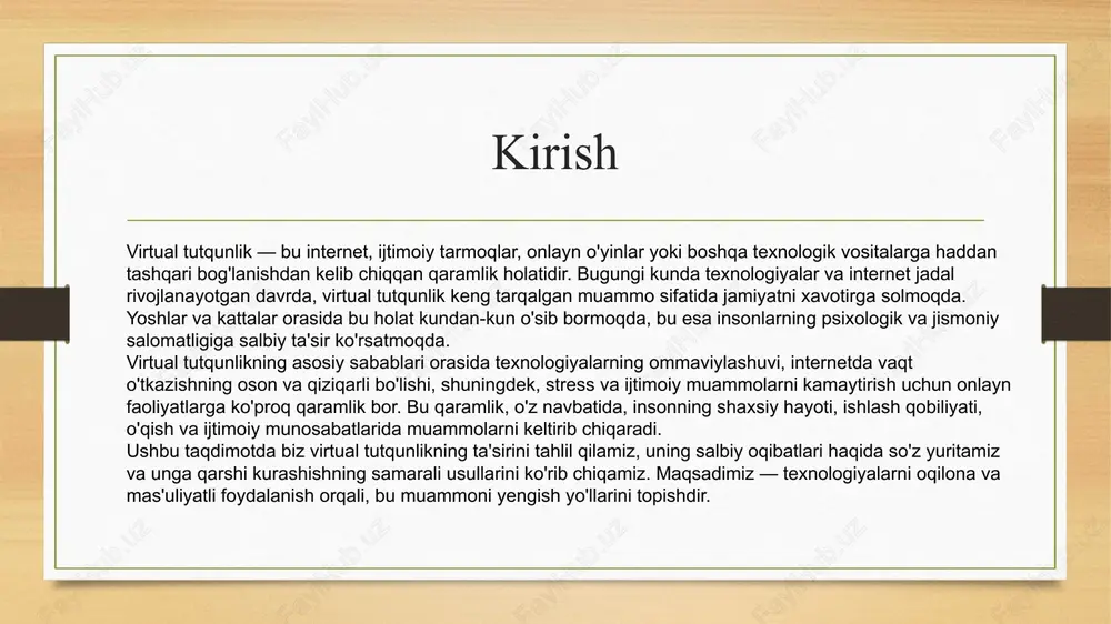 anishini ko'rsatadi. virtual tutqunlikni oldini olish virtual tutqunlikni oldini olish uchun bir nechta samarali usullar mavjud: aqlli foydalanish: internet va texnologiyalardan faqat zarur bo'lganda foydalanish. vaqtni rejalashtirish: internetda o'tkaziladigan vaqtni belgilash va qat'iy nazorat qilish. faoliyatni diversifikatsiya qilish: onlayn faoliyatlar o'rniga boshqa mashg'ulotlar va hobbilarga vaqt ajratish. onlayn vaqtni nazorat qilish onlayn vaqtni nazorat qilish uchun turli usullarni qo'llash mumkin: maxsus ilovalar: ekran vaqtini cheklovchi ilovalar (masalan, screen time yoki digital wellbeing). vaqtni belgilash: har kuni qaysi soatlarda internetdan foydalanishni belgilash va unga amal qilish. bular yordamida vaqtni samarali boshqarish mumkin. tashqi yordam va resurslar virtual tutqunlikni yengishda tashqi yordam juda muhimdir. psixologik yordam olish va professional terapevtlar bilan ishlash odamlarning bu muammoni yengishlariga yordam beradi. bundan tashqari, o'zini yordam guruhlari, onlayn kurslar va qo'llanmalar mavjud. bu resurslar orqali odamlar o'zlarining qaramliklarini qanday boshqarish va yengish mumkinligini o'rganishadi. shuningdek, internetda virtual tutqunlikka qarshi kurashish uchun psixologik maslahatlar, forumlar va bloglar …