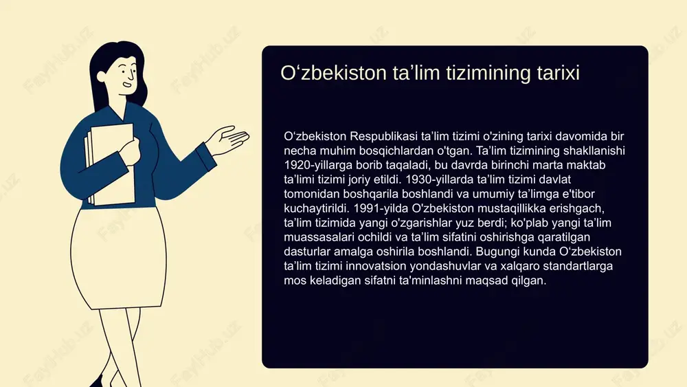 ining oshishi, iqtisodiy o'sishni tezlashtirishga yordam beradi. o'zbekistonda taʼlim va iqtisodiyot o'rtasidagi o'zaro bog'liqlik, biznes va innovatsiyalarni rivojlantirishda ham ko'rinadi. malakali kadrlar, yangi texnologiyalarni joriy etish va iqtisodiy o'sishni qo'llab-quvvatlashda muhim ahamiyatga ega. o'zbekiston ta'lim tizimining kelajak istiqbollari va innovatsiyalar hozirgi taʼlim metodlari va ularning oʻzbekistondagi roli innovatsion taʼlim texnologiyalari oʻzbekiston taʼlim tizimida innovatsion texnologiyalar yangi imkoniyatlar yaratmoqda. oʻquv jarayonida interaktiv taʼlim platformalari va raqamli resurslar joriy etilmoqda. bular o‘quvchilarning qiziqishini oshiradi va taʼlim sifatini yaxshilaydi. it texnologiyalari, masalan, onlayn darslar va virtual sinflar, o‘quvchilarga masofaviy ta’lim olish imkonini beradi, bu esa taʼlim jarayonini yanada samarali qiladi. innovatsiyalar o‘quvchilarning bilim olish jarayonini yangilaydi va zamonaviy talablar darajasida ta’limni ta'minlaydi. oʻquvchilarni faollashtirish usullari oʻquvchilarni dars jarayonida faollashtirish uchun bir qator metodlar mavjud: - taʼlimda interaktiv metodlar: bu metodlar o'quvchilarning darsda faol ishtirok etishlarini taʼminlaydi. misol uchun, guruhli muhokamalar va rolli o'yinlar. - mavzuni o'zlashtirishda o'quvchilarni qiziqtirish uchun multimedia vositalaridan foydalanish. - …