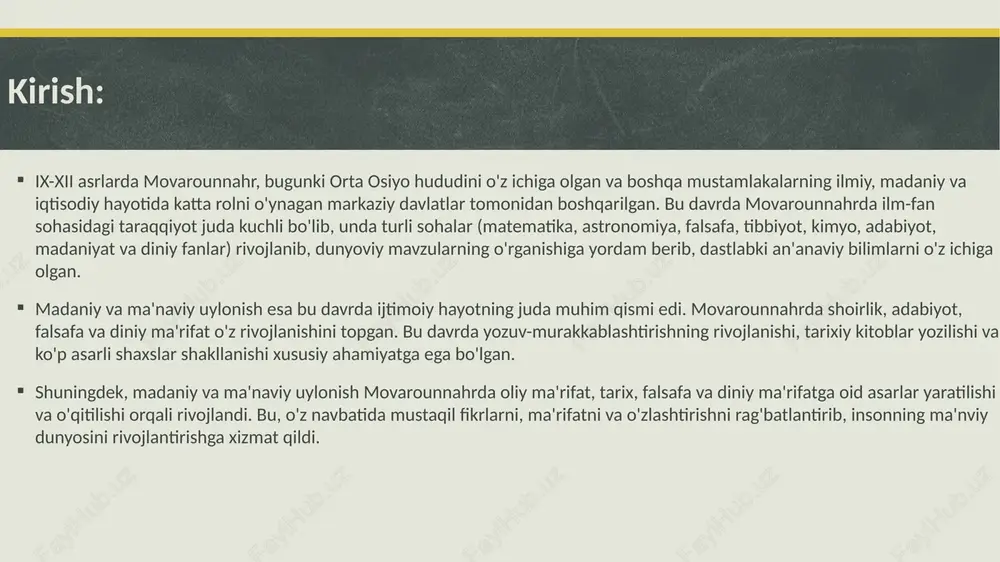 ro aloqalarni rivojlantirdi. ix-xii asrlarda movarounnahr ilm-fan sohasida qanday muvaffaqiyatlar qo'lga kiritdi ix-xii asrlarda movarounnahr ilm-fan sohasida bir nechta muvaffaqiyatlar qo'lga kiritdi: al-jabr va hisoblanishning asoslarini yaratish: al-khorazmiy movarounnahrning x asrining oxirida yashagan matematikchi bo'lib, al-jabr (algebra) va hisoblanish (algorithm)ning asoslarini yaratgan. uning "kitob al-muqabala" nomli asari matematikada ahamiyatli qaror qilinadi va uning asarlaridan iborat matematik terminologiyasi asosida o'rta osiyo va jahon matematikasi rivojlandi. astronomiya va geodeziya: movarounnahrning olimlari, jumladan al-biruniy, tomonidan jahonning boshqa hududlariga oid yuqori sifatli observatoriyalarni qurish, burchaklarni o'lchash va koordinatalarni aniqlashni o'rganish va amalga oshirishadi. al-biruniyning "kitob al-qanun al-mas'udi" nomli asari astronomiya va geodeziya sohasida yuqori darajada muvaffaqiyatga erishgan. tibbiyot va kimyo: movarounnahr olimlari tibbiyot sohasida ham muvaffaqiyatlar qo'lga kiritdilar. ibn sino (avitsenna)ning "qanoon fi al-tibb" nomli asari bu davrning eng muhim tibbiyot asarlari orasiga kiradi. uning asari tibbiyotda yuqori sifatli ma'lumotlar berib, tarixiy asar sifatida ko'rib chiqilgan. shuningdek, kimyo sohasida ham al-kindi va jabir ibn …