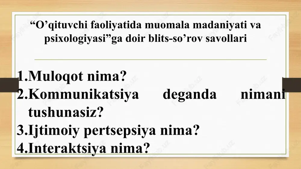 ularda o’z-o’ziga ishonchni shakllantiradi; jamoada o’z-o’zini boshqarish rivojlanadi. bu uslubni qo’llovchi o’qituvchi barcha jamoa a’zolarining individual xususiyatlarini inobatga olgan holda ular o’rtasida vazifalarni teng bo’lishga harakat qiladi; tashabbus va faollikni rag’batlantiradi. bunday o’qituvchining muloqotda qo’llaydigan metodlari – iltimos, maslahat, axborot berishdir. liberal uslub – boshqacha qilib aytganda, anarxik. o’qituvchi jamoa hayotiga umuman aralashmaslikka harakat qiladi, faolligi sust, muammolarni yuzaki ko’rib chiqadi, boshqalarning ta’siriga oson tushib qoladi. ma’suliyatdan o’zini olib qochadi va o’z avtoritetini yo’qotadi. 2) do’stona munosabatlar asosida qurilgan muloqot. do’stona munosabatlar asosida qurilgan muloqot yuqorida ko’rib chiqilgan muloqot turiga yaqindir. ayrim pedagoglar do’stona muloqotni noto’g’ri tushunib, chegaradan chiqib ketishadi. o’qituvchi va o’quvchi o’rtasida ma’lum bir masofa bo’lishi kerak. ushbu masofani aniqlashda o’qituvchining madaniyati, pedagogik takti muhim rol o’ynaydi; 3) o’qituvchi va ta’lim oluvchilarni ma’lum masofada ushlab turuvchi muloqot. ma’lum masofada ushlab turuvchi muloqotni ham samararali deb bo’lmaydi. shunga qaramasdan bu keng tarqalgan uslubdir. bunda pedagog va tarbiyalanuvchilar o’rtasida ma’lum …