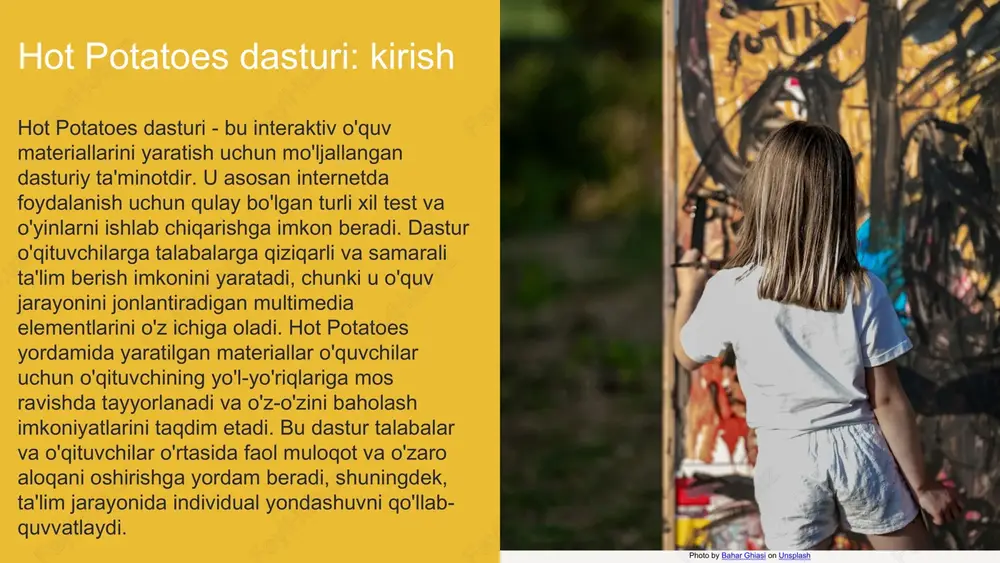 bunday kurslar o'quvchilar uchun foydali va samarali bo'ladi. kelajak istiqbollari hot potatoes dasturi ta'lim jarayonida innovatsion yondashuvlarni taklif etadi. kelayotgan yillarda ushbu dastur tahlil va baholash jarayonlarini yanada samarali qilish uchun yangi funksiyalar bilan boyitilishi kutilmoqda. ushbu dastur onlayn ta'lim platformalari bilan integratsiyalashishi va o'qituvchilar uchun qulay interfeysni taqdim etishi kutilmoqda. bu o'z navbatida o'quv jarayonini yanada interaktiv va qiziqarli qiladi. foydalanuvchilar tomonidan berilgan fikr-mulohazalar dastur rivojlanishida muhim ahamiyatga ega. ularning takliflari asosida dasturda qo'shimcha imkoniyatlar paydo bo'lishi mumkin. 02 01 03 kirish: multimediali o'quv kurslari multimediali o'quv kurslari ta'lim jarayonida muhim rol o'ynaydi. ular o'quvchilarning qiziqishini oshirish va ta'lim sifatini yaxshilash uchun zarurdir. multimedia vositalari orqali ma'lumotlarni ko'rgazmali va qiziqarli tarzda taqdim etish, o'quvchilarga o'zlarini faol ishtirok etish imkonini beradi. hot potatoes dasturi yordamida interaktiv testlar va mashqlar yaratish, o'quvchilarning bilimini mustahkamlashda samarali vosita bo'lib xizmat qiladi. bu dastur yordamida tayyorlangan materiallar, o'quvchilarning mustaqil ishlash qobiliyatini oshirishga yordam beradi. …