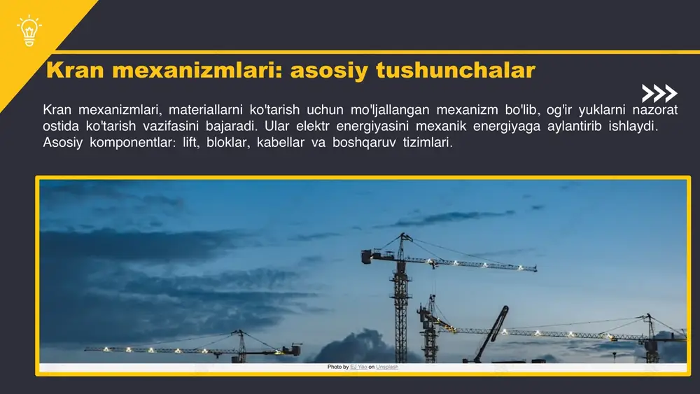 irilgan boshqaruv va sensorlar kran mexanizmlarining samaradorligini oshiradi, xavfsizlik va ishonchlilikni ta'minlaydi. kran mexanizmlarining tuzilishi va ishlash prinsipi, mexanik va elektr qismlarining birlashuvi orqali samarali ish jarayonlarini ta'minlaydi. impuls-kalitli magnit boshqaruv tizimlari bilan birga ishlaydi, bu esa ularni zamonaviy va samarali qiladi. energiyani tejash va xavfsizlikni oshirish uchun innovatsion texnologiyalar qo'llaniladi. kran mexanizmlarining xususiyatlari tizimning o'ziga xosligi boshqaruv tizimlarining afzalliklari boshqaruv tizimlari energiyani tejash imkoniyatlarini taqdim etadi, bu esa umumiy xarajatlarni kamaytiradi va atrof-muhitga ijobiy ta'sir ko'rsatadi. xavfsizlikni oshirish uchun zamonaviy boshqaruv tizimlari avariyalar va nosozliklarni oldini olishda muhim rol o'ynaydi. ular ishonchlilik va tezlilikni ta'minlaydi, bu esa ish jarayonlarini samarali va tezkor o'tkazishga imkon beradi. umuman olganda, impuls-kalitli magnit boshqaruv tizimlari kran mexanizmlarida yuqori samaradorlik va xavfsizlikni ta'minlaydi. impuls-kalitli boshqaruv tizimlarining qo'llanilishi sanoat va qurilish sohalarida impuls-kalitli boshqaruv tizimlari keng qo'llaniladi. ular yuklarni boshqarishda aniqlik va samaradorlikni ta'minlaydi. shuningdek, ishlash jarayonlarini tezlashtirishga yordam beradi. avtomatlashtirilgan jarayonlarda ushbu tizimlar jarayonlarni …