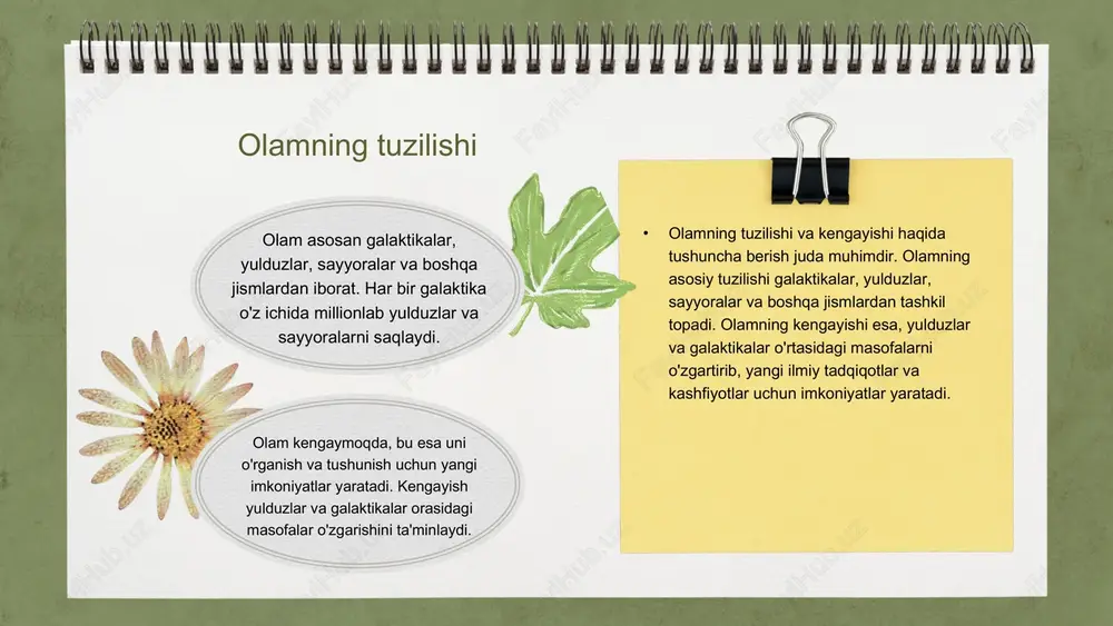 , elliptik galaktikalar esa yumaloq yoki oval shaklga ega. noaniq galaktikalar esa o'ziga xos shakllarga ega bo'lib, ko'plab kichik galaktikalar va yulduz to'plamlarini o'z ichiga oladi. galaktikalar o'lchamlari galaktikalar o'lchamlari turli usullar bilan o'lchanadi. bular orasida parallax, yorug'lik kuchi va galaktikalar orasidagi masofani o'lchash usullari mavjud. katta galaktikalar, masalan, andromeda, 220 000 yildan ortiq yorug'lik yili masofasida joylashgan. kichik galaktikalar esa, odatda, kamroq yorug'lik yillari masofasida joylashadi va ularning o'lchamlari bir necha mingdan o'n minglab yildan iborat bo'lishi mumkin. katta galaktikalar kichik galaktikalar photo by markus spiske on unsplash photo by adele payman on unsplash galaktikalar: xususiyatlar galaktikalar turli xil shakl va o'lchamlarga ega. ular o'zaro farqlanishi mumkin, masalan, spiral, eliptik va nozik galaktikalar. spiral galaktikalar, masalan, milky way, o'zining spiralli quvurlari bilan ajralib turadi; eliptik galaktikalar esa oval shaklda bo'lib, yirik yulduzlardan iboratdir. har bir galaktikaning o'ziga xos xususiyatlari mavjud. spiral galaktikalar o'zining spiral quvurlari bilan ajralib turadi, eliptik …