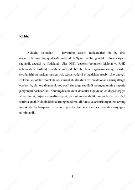 da ishtirok etish: rnk oqsil sintezida muhim rol o‘ynaydi. dnkdagi genetik informatsiya dastlab mrnk yordamida nusxalanadi, so‘ngra mrnk ribosoma bilan birikib, u orqali aminokislotalar oqsillarni hosil qilish uchun ketma-ket ulanadi. nuklein kislotalarning molekulyar genetik tadqiqotlarda qo‘llanilishi nuklein kislotalar irsiyatni o‘rganishda muhim ahamiyatga ega. molekulyar genetika va biotexnologiyada nuklein kislotalar orqali genlar aniqlanadi, manipulyatsiya qilinadi va rekombinant dnk texnologiyalari yordamida turli maqsadlar uchun qo‘llaniladi. evolyutsiya va naslning davomiyligini ta’minlash nuklein kislotalarning tarkibidagi o‘zgarishlar (mutatsiyalar) yangi genetik xususiyatlar paydo bo‘lishiga olib kelishi mumkin. evolyutsiya davomida bu mutatsiyalar yordamida turli yangi genetik xususiyatlar vujudga keladi va organizmlarning moslashishi ta’minlanadi. 2. genetik informatsiyani saqlash va uzatish dnkning genetik material sifatidagi vazifasi · genetik kodning saqlanishi: dnk (dezoksiribonuklein kislota) hujayra yadrosida yoki prokaryot organizmlarda sitoplazmada joylashgan bo‘lib, organizmning barcha genetik informatsiyasini saqlaydi. bu genetik material irsiy xususiyatlarni nazorat qilish uchun zarur bo‘lgan barcha ma’lumotlarni o‘zida mujassam etadi. · genlar va ularning tuzilishi: dnk zanjiridagi ma’lum …