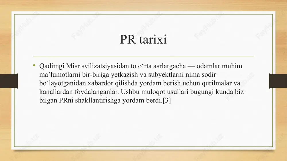 i marta xviii asrda foydalanila boshlangan, ammo bu iboraning bugungi maʼnosi xx asrda paydo boʻlgan. pr xx asrda ayvi li — zamonaviy pr asoschisi deb hisoblangan ikki kishidan biri. koʻpgina zamonaviy pr mutaxassislari singari, li ham oʻz karyerasini jurnalist sifatida boshlagan va nyu-yorkdagi bir nechta gazetalar, jumladan new york times, new york american va new york world uchun maqolalar yozgan. aynan 1903-yilda li amerikalik sanoatchi kichik jon d. rokfeller va uning standard oil kompaniyasiga maslahat berganida, koʻpchilik prni professional amaliyot sifatida shakillandi deb hisobladi. rokfellerlar oilasi va standard oil oʻzlarining koʻmir konlarida bir qator ish tashlashlarga munosabat bildirganlaridan soʻng, jamoatchilik orasidagi obroʻsiga katta putur yeta boshladi. li rokfellerni ushbu konlarga tashrif buyurishga va konchilar bilan muloqot qilishga undadi. bu harakat uning kon ishchilari orasida obroʻsini oshirdi va standard oil haqida jamoatchilik fikrini yaxshiladi. li, shuningdek, 1906-yilda atlantik-siti shahrida sodir boʻlgan yirik temir yoʻl halokatidan soʻng eʼlon qilingan birinchi press-relizning ortida …