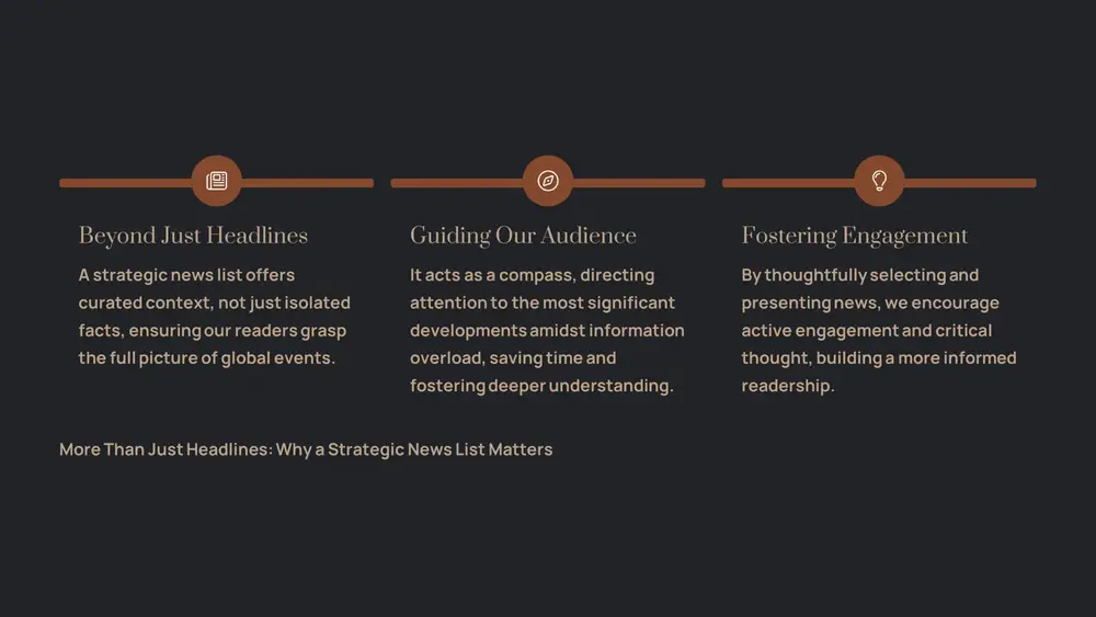 lines. refine and evolve: continuous improvement of our daily brief https://gamma.app/?utm_source=made-with-gamma https://gamma.app/?utm_source=made-with-gamma 1 know your audience tailor content to their needs and preferences. 2 source diversely draw from a wide range of credible information channels. 3 maintain integrity prioritise accuracy, objectivity, and transparency. 4 optimise structure present news clearly and concisely for maximum impact. 5 embrace iteration continuously refine and adapt based on feedback and data. your essential toolkit: key principles for news list success https://gamma.app/?utm_source=made-with-gamma https://gamma.app/?utm_source=made-with-gamma
