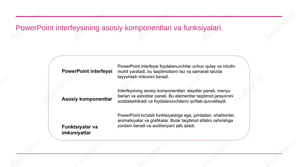 im etishda muhim rol o'ynaydi. ranglarning psixologik ta'siri, hissiy kayfiyatni shakllantirishda qo'llaniladi. 02 shaffoflikni qo'llash shaffoflik, dizaynda qatlamlar o'rtasidagi o'zaro aloqani yaratadi. ushbu usul, ma'lumotlarni yaxshiroq ko'rsatish va murakkablikni kamaytirish uchun samarali. 03 rang va shaffoflik sinergiyasi ranglar va shaffoflik birgalikda taqdimotning estetik jihatlarini oshiradi. ular, vizual ko'rinishni yaxshilash va ma'lumotni aniqroq anglashga yordam beradi. powerpoint interfeysida matn va shriftlar bilan ishlash. powerpoint interfeysida matn va shriftlar bilan ishlash taqdimotning samaradorligini oshirishda muhim ahamiyatga ega. ushbu jarayonda, turli shriftlar va formatlash imkoniyatlaridan foydalanish orqali, auditoriya e'tiborini jalb qilish va ma'lumotlarni aniq yetkazish mumkin. - shriftsiz matnlar e'tiborni qozonmaydi. - har xil shriftlar taqdimotning umumiy ko'rinishini yaxshilaydi. - matn formatlash orqali ma'lumotlarni tartibga solish osonlashadi. photo by morgan housel on unsplash rasm va grafiklardan foydalanishning samarali usullari. 1 rasm tanlash - taqdimotda foydalanish uchun tegishli va sifatli rasmlarni tanlash muhimdir. ular ma'lumotlarni yanada aniq va qiziqarli ko'rsatadi. 2 grafiklar qo'shish - …