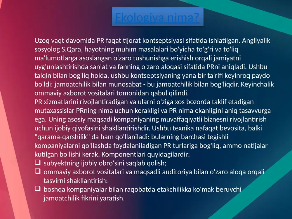 . raqibning ishonchini yo'qotish va uni buzish mumkin bo'lgan barcha mumkin bo'lgan "qovurilgan" faktlar nurga aylanadi: shaxsiy hayot tafsilotlari; yosh xatolar; ish tafsilotlarini ko'tarish bilan bog'liq tafsilotlar. oq pr haqiqatan ham ommaviy axborot vositalari ishtirokchilari va maqsadli auditoriya bilan muloqot qilish uchun qulay imkoniyat sifatida ishlatiladigan oq pr. bunday holda, axborot juda ijobiy va faqat ishonchli ma'lumotlar ommaviy axborotga aylanadi. oq prning klassik namunasi 1964-65-yillarda ford mustangning ommaviy ishlab chiqarishda ishga tushirilishi. keyinchalik d. ford korporatsiyasining egasi pr-aksiyasi sifatida yangi xaridorlarga qiziqish uyg'otadigan yangi xaridorlar uchun dj-lar paydo bo'lgan. grey pr qora va oq rangli pr elementlarini birlashtirgan holda, haqiqat ma'lumotlarini tarqatish uchun foydalaniladi. shunday qilib, aniq shaxs yoki kompaniyaga murojaat qilish har doim ham bo'lmaydi. kul pr ning paydo bo'lishining sababi hayotning turli masalalari bo'yicha ishonchli ma'lumotlarning yo'qligi. uni qo'llash maqsadlari orasida: adolatni tiklash; huquq va erkinliklarga rioya qilish; raqibga qonunni buzmasdan zarar etkazish. sariq pr taniqli "sariq matbuot" …