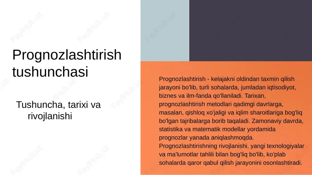 ma'lumotlarga asoslangan qarorlar qabul qilishga yordam beradi. ushbu usullarning to'g'ri qo'llanilishi tashkilotning muvaffaqiyatini ta'minlashda muhim rol o'ynaydi. title: aralash prognozlashtirish subtitle: o'ziga xos xususiyatlari va qo'llanilishi paragraph: aralash prognozlashtirish – bu ma'lumotlarni tahlil qilish va kelajakdagi hodisalarni bashorat qilish uchun bir nechta usullarni birlashtirgan metod. ushbu usul ko'pincha statistik va intuitiv yondashuvlarni birlashtirib, yanada aniq prognozlar olish imkonini beradi. masalan, iqtisodiy sohada aralash prognozlashtirish ko'pincha vaqt seriyalari va ekspert baholari orqali amalga oshiriladi. bullet points: - aralash metodlar: statistik va intuitiv yondashuvlarni birlashtiradi. - iqtisodiyotda qo'llaniladi: iqtisodiy ko'rsatkichlar va imkoniyatlarni baholashda. - o'zaro bog'lanish: bir nechta omillarni hisobga oladi, shuning uchun aniqroq natijalar beradi. - real hayot misollari: kompaniyalar sotuv prognozlarini aniqlashda ushbu usuldan foydalanadilar. prognozlashtirishning ahamiyati prognozlashtirish iqtisodiy va strategik qarorlar qabul qilishda muhim ahamiyatga ega. u tashkilotlarga kelajakdagi tendensiyalarni aniqlash, resurslarni samarali taqsimlash va raqobatbardosh afzalliklarni yaratishda yordam beradi. misol uchun, kompaniyalar bozorning o'zgaruvchan sharoitida o'z strategiyalarini moslashtirish …