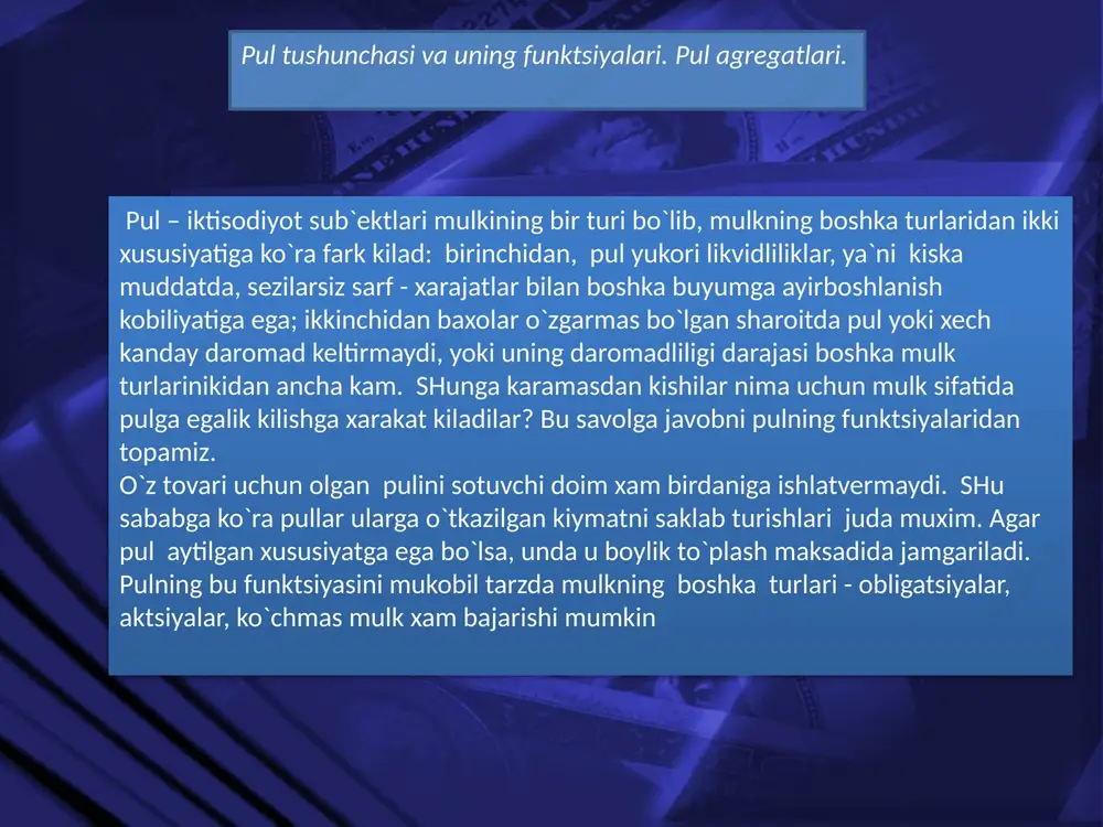 u erda: k= 1/v – pulning aylanish tezligiga teskari mikdor. k - koeffitsientni nominal pul mikdori (m)ning daromadlar (p·y)dagi ulushini ko`rsatadi. kembrij tenglamasi turli darajada daromadli bo`lgan turlicha moliyaviy aktivlar mavjudligini va daromadni ularning kaysi biri ko`rinishida saklashni tanlash imkoniyati mavjudligini ko`zda tutadi. pulga real talab kuyidagi ko`rinishda xisoblanadi: (m/p) d = k y bu erda: m/r – “real pul koldigi”, “pul mablaglarining real zaxirasi” deb nomlanadi. pulga talabning keynscha nazariyasi. pulga talabning keyns nazariyasi, likvidlilikning afzalligi nazariyasi, pulni nakd ko`rinishda saklashga kishilarni undovchi uch sababni ajratib ko`rsatadi: transaktsion sabab (joriy bitimlar uchun nakd pulga talab); extiyotkorlik sababli (ko`zda tutilmagan xolatlar uchun ma`lum mikdorda nakd pullarni saklash); spekulyativ sabab (foyda olish maksadida kimmatli kogozlar sotib olish uchun pulga talab). spekulyativ sabab foiz stavkasi bilan obligatsiyalar kursi o`rtasidagi teskari bogliklikka asoslanadi. agar foiz stavkasi ko`tarilsa, obligatsiyalar baxosi pasayadi, ularga talab esa oshadi. bu esa o`z navbatida, nakd pul zaxiralarining kiskarishiga xamda …