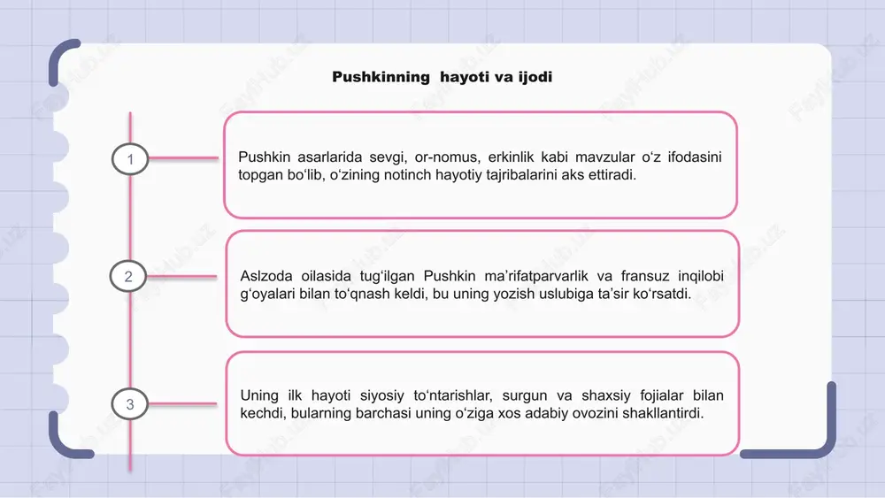 lik, rus o‘ziga xosligi kabi keng ko‘lamli mavzular yoritilgan bo‘lib, ular rus xalqida chuqur aks-sado berib, uning milliy ongini shakllantirishga yordam bergan. uning adabiy merosi hozirgi kungacha rus madaniy va intellektual hayotini ilhomlantirishda va ta'sir qilishda davom etmoqda. pushkinning "yevgeniy onegin" romani va "boris godunov" tarixiy dramasi kabi durdona asarlari nafaqat rus ruhini aks ettiribgina qolmay, balki rus adabiyoti yutuqlarining abadiy timsoliga aylandi va uning rus tarixidagi madaniy timsoli maqomini mustahkamladi. pushkinning adabiyotdagi abadiy merosi ko'pincha eng buyuk rus shoiri va zamonaviy rus adabiyotining asoschisi hisoblangan aleksandr pushkin bugungi kunda yozuvchilar va rassomlarga ta'sir qilishda davom etayotgan sermahsul asarini qoldirdi. uning lirik she'riyati, ta'sirchan romanlari va zukko pyesalari unga adabiyotda abadiy meros qoldirdi, rus madaniyati va jamiyatining mohiyatini aks ettirdi, shu bilan birga sevgi, erkinlik va inson tabiati kabi universal mavzularni o'rgandi. pushkinning adabiyot olamiga doimiy ta'siri vatani rossiyadan ham uzoqqa cho'zilgan, uning asarlari tarjimalari butun dunyo o'quvchilari va yozuvchilarida …