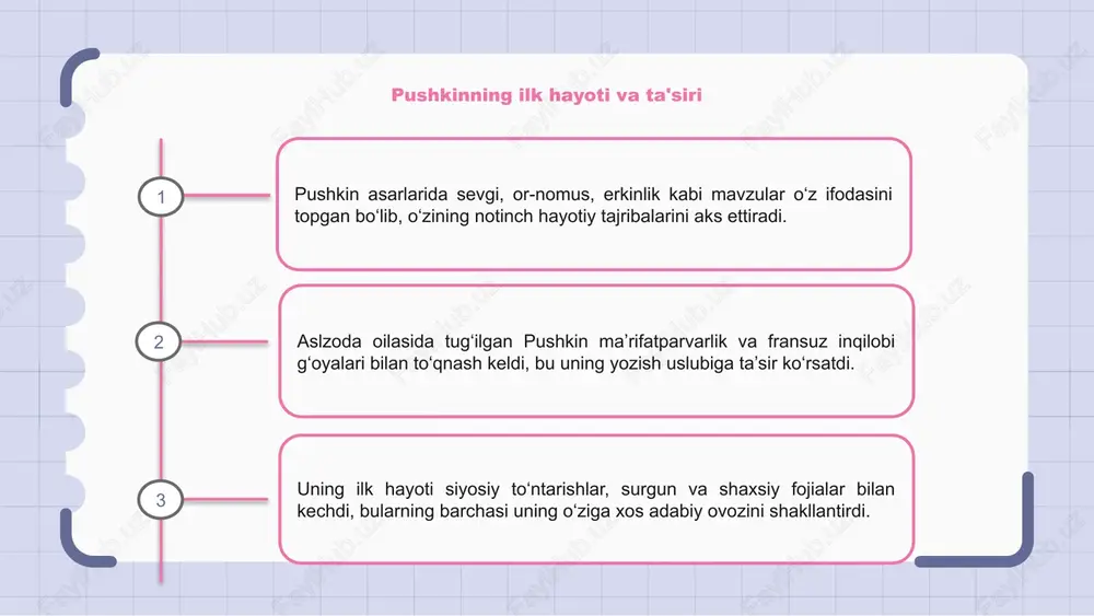 kin asarlarida sevgi, erkinlik, rus o‘ziga xosligi kabi keng ko‘lamli mavzular yoritilgan bo‘lib, ular rus xalqida chuqur aks-sado berib, uning milliy ongini shakllantirishga yordam bergan. uning adabiy merosi hozirgi kungacha rus madaniy va intellektual hayotini ilhomlantirishda va ta'sir qilishda davom etmoqda. pushkinning "yevgeniy onegin" romani va "boris godunov" tarixiy dramasi kabi durdona asarlari nafaqat rus ruhini aks ettiribgina qolmay, balki rus adabiyoti yutuqlarining abadiy timsoliga aylandi va uning rus tarixidagi madaniy timsoli maqomini mustahkamladi. pushkinning adabiyotdagi abadiy merosi ko'pincha eng buyuk rus shoiri va zamonaviy rus adabiyotining asoschisi hisoblangan aleksandr pushkin bugungi kunda yozuvchilar va rassomlarga ta'sir qilishda davom etayotgan sermahsul asarini qoldirdi. uning lirik she'riyati, ta'sirchan romanlari va zukko pyesalari unga adabiyotda abadiy meros qoldirdi, rus madaniyati va jamiyatining mohiyatini aks ettirdi, shu bilan birga sevgi, erkinlik va inson tabiati kabi universal mavzularni o'rgandi. pushkinning adabiyot olamiga doimiy ta'siri vatani rossiyadan ham uzoqqa cho'zilgan, uning asarlari tarjimalari butun dunyo …