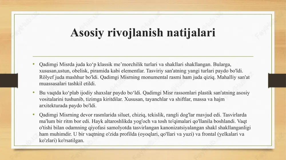 u ikki egypts birlashgan bo'lsa) o'rta qirollik tashkil etildi. bu davrda fiv xudosi amun quyosh xudosi re bilan tanildi va bosh xudo va fir'avnlarning homiysi sifatida ko'rildi. bu suriya, falastin va nubiya bilan kuchli savdo davri edi. nilning ikkinchi kataraktasi yaqinida bir qancha muhim qal'alar qurilgan. san'at va adabiyot rivojlandi. ilmiy yutuqlar til qadimgi misrliklar chad, berber va semit tillari bilan bog'liq bo'lgan afro-osiyo tilida gaplashgan. qadimgi misr tilidagi yozuvlar miloddan avvalgi 32 -asrga to'g'ri keladi. olimlar misr tilini oltita asosiy xronologik bo'limga bo'lishadi: arxaik misr (miloddan avvalgi 2600 yilgacha)) qadimgi misr (miloddan avvalgi 2600–2000)) o'rta misr (miloddan avvalgi 2000–1300)) kech misr (miloddan avvalgi 1300–700 yillar)) demotik misr (miloddan avvalgi vii asr)- eramizdan avvalgi iv asr) kopt (miloddan avvalgi 3–12 -asrlar)) yozish misrshunoslar misr yozuvini misr ierogliflari, mesopotamiyaning mixxat yozuvi bilan birga dunyodagi eng qadimgi yozuv tizimi deb atashadi. ieroglif yozuvi qisman bo'g'inli, qisman ideografik edi. ieratik birinchi sulola davrida …