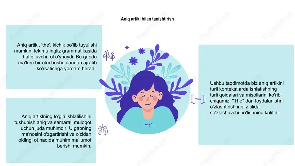 . keng tarqalgan noto'g'ri tushunchalardan biri shundaki, "the" har doim birlik otlardan oldin ishlatiladi. biroq, u ma'lum bir misol yoki guruhni ko'rsatish uchun ko'plik otlari va ba'zi hisoblanmaydigan otlardan oldin ham ishlatilishi mumkin. yana bir noto'g'ri tushuncha shundaki, "the" har doim tegishli otlar bilan ishlatiladi. "the" odatda tegishli otlar bilan ishlatilmasligi haqiqat bo'lsa-da, ko'plik nomlari bo'lgan mamlakatlar kabi istisnolar mavjud. aniq artiklning aloqaga ta'siri aniq artikl aniq ma'lumotni etkazish va ma'noni aniqlashtirishda, aniq va samarali muloqotni ta'minlashda hal qiluvchi rol o'ynaydi. otning ma'lum bir narsa yoki guruhga tegishli ekanligini ko'rsatib, aniq artikl chalkashmaslikka yordam beradi va tushunishni kuchaytiradi. aniq artiklning muloqotga ta'sirini tushunish samarali yozish va gapirish, umumiy ravshanlik va aniqlikni oshirish uchun juda muhimdir. aniq artiklning nuanslarini tahlil qilish aniq artikl tilning hal qiluvchi elementi bo'lib, o'ziga xos otlarni aniq ko'rsatib, muloqotda ravshanlikni ta'minlaydi. aniq artiklning nuanslarini tahlil qilish orqali biz jumlalardagi ma'no va kontekstdagi nozik farqlarni aniqlashimiz mumkin. …