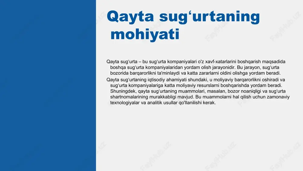 asalan, ekologik sugʻurta va kiber xavfsizlik sugʻurtasi kabi sohalarda rivojlanish kutilmoqda. - raqamli platformalar orqali mijozlar bilan aloqalarni kuchaytirish va xizmatlarni shaxsiylashtirish imkoniyatlari mavjud. ushbu tendensiyalar qayta sugʻurta sohasida yangi rivojlanish yo'nalishlarini keltirib chiqaradi va kompaniyalar uchun raqobatbardosh afzalliklar yaratadi. qayta sugʻurta jarayonlari qayta sugʻurta jarayonlari, sugʻurta kompaniyalarining xavflarni boshqarish uchun qoʻllaniladigan muhim mexanizmlardir. bu jarayonlar, sugʻurta kompaniyasining barqarorligini taʼminlashda asosiy rol oʻynaydi. ular bir necha muhim bosqichlardan iborat: 1) baholash - xavflarni aniqlash va baholash; 2) shartnoma tuzish - shartlar va narxlarni kelishish; 3) monitoring - jarayonni kuzatish va baholash. jarayonlar davomida eʼtibor berilishi kerak bo‘lgan jihatlar xavflarni aniq baholash, toʻgʻri shartnoma shartlarini tanlash, va jarayon davomida o‘zgarishlarni monitoring qilishdir. bu jarayonlar sugʻurta kompaniyasining barqarorligini taʼminlashda muhim ahamiyatga ega, chunki ular xavflarni boshqarishda samara beradi. 1 2 3 4 qayta sugʻurta usullari qayta sugʻorta usullari – bu sugʻurta kompaniyalari uchun moliyaviy xavfni kamaytirishning muhim strategiyalaridir. ushbu usullar quyidagilarni o'z …