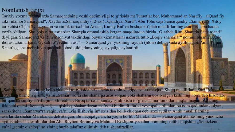 mansur almoturidiy assamarqandiy dafn etilgan chokardiza qabristoni hududida moturidiy yodgorlik majmui mozoriga maqbara qurildi, qabriston obod etildi, burhoniddin margʻinoniy vafotining 800 yilligi (1997), tavalludining 910 yilligi (hijriy sana boʻyicha) (2000) keng nishonlandi (samarqand shahridagi chokardiza kabristoniga dafn etilgan). s.ning markaziy maydoniga amir temur haykali oʻrnatildi. shahardagi tarixiy obidalar xitoy, hindiston, yunoniston (afina), italiya (rim) yodgorliklari kabi oʻzining goʻzalligi bilan eʼtiborni oʻziga tortadi. s.ga har yili dunyoning turli mamlakatlaridan minglab sayyoxlar kelib ketadilar. mehmon va sayyoxlarga xizmat koʻrsatuvchi: „afrosiyob“, „samarqand“, „zarafshon“, „bogishamol“, „markaziy“, „prezident otel“ kabi mehmonxonalar qurilgan. sayyoxlarga „oʻzbekturizm“ milliy kompaniyasining samarqand boʻlimi xodimlari xizmat koʻrsatadilar. samarqandning tarixiy va arxitektura yodgorliklari •qadimgi afrosiyob manzilgohlari (mil. avv. viii asr) •ulug’bek rasadxonasi(1428-1429) •shoxi zinda •hazrati hizr masjidi (xix asr oʻrtalari) •bibixonim masjidi (1399-1404) •ulug’bek madrasasi (1417-1420) •sherdor madrasasi (1619-1635/36) •tilla kori madrasasi (1647-1659/6 •chorsu bozori (xviii asr oxiri) •bibixonim maqbarasi •ruhobod maqbarasi (1380-yillar) •oqsaroy maqbarasi (1470) •go’ri amir (1404) •namozgoh masjidi (17 …