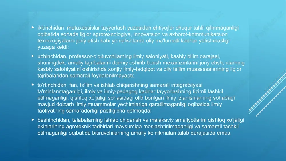 znes muhitini va qo‘shilgan qiymat zanjirini yaratish yo‘nalishida joriy yil yakuniga qadar: xalqaro moliya institutlari mablag‘lari hisobidan agrar sohada umumiy qiymati 400 million aqsh dollarigacha bo‘lgan miqdordagi investitsiya loyihalari ishga tushiriladi; har bir hududda kamida bittadan agrologistika markazlari barpo etiladi. mazkur markazlarda xalqaro bozorlarda tan olingan sifat sertifikatlarini olish imkoniyati yaratiladi. qishloq xo‘jaligi vazirligi (j.xodjayev, sh.mirzayev, x.karimov) qoraqalpog‘iston respublikasi vazirlar kengashi va viloyatlar hokimliklari bilan birgalikda loyihalarni shakllantirish, tashabbuskorlarni aniqlash va ularni o‘z vaqtida ishga tushirish choralarini ko‘rsin; v) sohada davlat ishtirokini kamaytirish, investitsiyaviy jozibadorlikni oshirish va qishloq hududlarini rivojlantirish yo‘nalishlarida 2022-yil yakuniga qadar: jahon bankining “farg‘ona vodiysida qishloq tadbirkorligini rivojlantirish” loyihasi doirasidagi mablag‘lar hisobidan andijon viloyatining tanlab olingan oltinko‘l, namangan viloyatining chust va farg‘ona viloyatining rishton tumanlarida innovatsion usullarni qo‘llagan holda intensiv usulda meva-sabzavot yetishtirish bo‘yicha maxsus (pilot) loyihalar amalga oshiriladi; turkiyaning gaziantep pistachilik ilmiy-tadqiqot instituti bilan birgalikda samarqand viloyatida o‘zbekiston – turkiya pistachilik ilmiy markazi tashkil etiladi, turkiyaning …