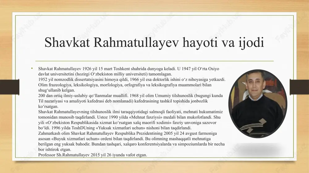 fikr yuritiladi. asar ilmiy jihatdan asoslangan bo‘lib, so‘zlarning qiyosiy tahlili ham berilgan. bu esa o‘zbek tilining boshqa turkiy tillar bilan bog‘liqligini o‘rganish, tilimizning tarixiy taraqqiyotini tushunish va uning boy lug‘aviy qatlamlarini ochib berishda muhim ahamiyat kasb etadi. lug‘at tilshunoslar, adabiyotshunoslar, tarjimonlar va til tarixi bilan qiziquvchilar uchun qimmatli ilmiy manba hisoblanadi. manba sifatida qadimgi tillar shavkat rahmatullayevning "o‘zbek tilining etimologik lug‘ati" asarida o‘zbek tilidagi so‘zlarning kelib chiqishi va rivojlanish jarayonida turli qadimgi tillarning ta’siri batafsil o‘rganilgan. lug‘atda so‘zlarning asosiy ildizlari aniqlanib, ularning qaysi tildan kirgani va qanday o‘zgarishlarga uchragani izohlanadi. xususan, qadimgi turkiy til o‘zbek tilining asosiy manbasi bo‘lib, lug‘atda ko‘plab turkiy ildizga ega so‘zlarning tarixiy shakllari, ularning yozma yodgorliklardagi qo‘llanilishi va hozirgi zamonaviy talqini tahlil qilingan. bundan tashqari, fors-tojik, arab va rus tillaridan o‘zlashgan so‘zlar ham lug‘atda alohida o‘rganilib, ularning dastlabki shakli, fonetik va semantik o‘zgarishlari ko‘rsatilgan. arab va fors tillaridan kirgan so‘zlarning aksariyati madaniyat, fan, din va davlat …