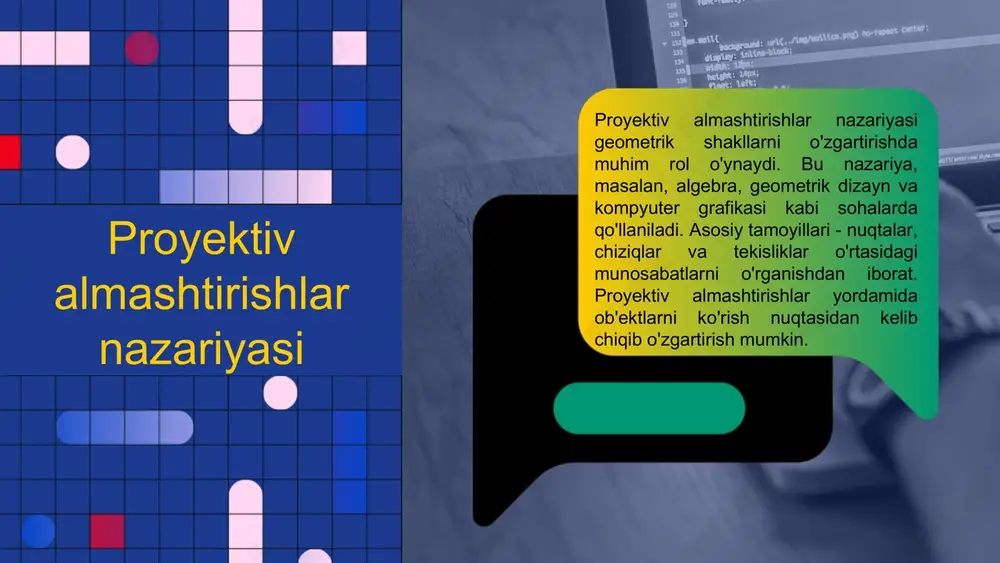 ator istiqbollarga ega. bular qatoriga yangi tadqiqotlar, matematik modellar va amaliyotdagi qo'llanilishlarni o'z ichiga oladi. o'zgarishlar, shuningdek, nazariyaning yangi yo'nalishlarini ochishga yordam beradi. 1. yangi tadqiqotlar: proyektiv almashtirishlar bo'yicha yangi nazariyalar va metodlar ishlab chiqilmoqda, bu esa bilimimizni kengaytiradi. 2. amaliyotdagi qo'llanilishlar: bu nazariya turli sohalarda, jumladan, iqtisodiyot, muhandislik va dizayn kabi sohalarda qo'llanilmoqda. 3. interdistsiplinar hamkorlik: proyektiv almashtirishlar nazariyasi boshqa fanlar bilan integratsiyalashishi kelajakda yangi imkoniyatlarni yaratadi. proyektiv almashtirishlar tushunchasi proyektiv almashtirishlar - bu bir ob'ektni boshqa bir ob'ektga almashtirish jarayoni. ular geometriya va matematikada keng qo'llaniladi. proyektiv almashtirishlar ob'ektlarning o'lchamlarini va joylashuvlarini o'zgartirmasdan, ularni yangi ko'rinishda taqdim etadi. ushbu jarayon orqali ob'ektlar ko'rsatmalar, burchaklar va boshqa geometrik xususiyatlar saqlanadi. proyektiv almashtirishlarning turlari proyektiv almashtirishlar bir nechta turga bo'linadi: to'liq proyektiv almashtirishlar, o'zgaruvchi proyektiv almashtirishlar va proyektiv koordinatalar. har bir tur o'ziga xos xususiyatlarga ega va turli sohalarda qo'llaniladi. to'liq proyektiv almashtirishlar - bu geometrik obyektlarning to'liq ko'rinishini saqlab …