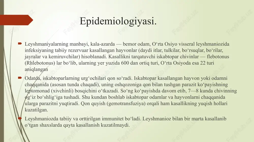. qonda biroz leykopeniya bo‘ladi. kasallikning avj olgan davrida shu xastalikka xos belgilarning barchasi yaqqol namoyon bo‘ladi. isitma barqaror bo‘lib, tana harorati ko‘proq remittik, ba’zan subfebril yoki aksincha, gi perpiretik (39-40°c) tarzda ko‘tariladi. jigarning va ayniqsa taloqning kattalashuvi visseral leyshmaniozning xos belgilaridandir. taloq 3—6 oy davomida tez kattalashib boradi. kattalashish ko‘proq o‘ngga va pastga qarab bo‘lib, pastgi qirrasi ayrim hollarda chanoq suyagigacha tushadi. ba’zan juda qattiq va katta, biroq og‘riqsiz bo‘ladi kasallikning kaxeksiya yoki terminal davrida bemor juda ozib ketadi, terisi quruq, yupqalashgan, bolalarda xuddi sham singari sarg‘ish ko‘rinishda, kattalarda esa kulrang bo‘lib; kepaklanib turadi, ba’zan mayda qon quyilishlari ko‘riladi. muskullar tonusi keskin pasaygan, jigar va ayniqsa, taloqning juda kattaligi tufayli 105 qorni oldinga qarab shishigan bo‘ladi. bemorning yuzi kepchigan, oyoqlari shishgan, sochlari siyrak va mo‘rt bo‘ladi. ular kam harakat va loqayd bo‘lib qoladilar. ko‘pincha yiringli-nekrotik o‘zgarishlar kuzatiladi. periferik qon manzarasi ko‘rilganda, albatta, asoratli ikkilamchi infeksiyalar (zotiljam, yiring-nekrotik jarayonlar) ni …