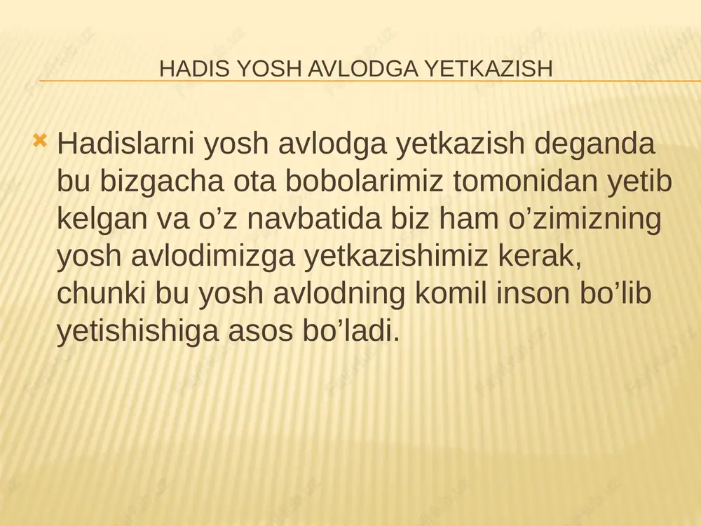 vchi me'yoriy hujjat ekanligi kelib chiqadi. kasb-hunar ta'limi standartining ichki aloqadorligi esa uni o’zaro aloqador va ta'sirdagi elementlardan tashkil topgan mustaqil tizim sifatida qaralganda namoyon bo’ladi. standartni tashkil etuvchi elementlarning xususiyatlari, o’zaro aloqadorligi uning mohiyatini ochib berishga imkon beradi. hadidlarni kelib chiqishi. hadislarni asoschisi al-buxoriy hisoblanadi. u hayoti davomida 7218 ta hadis yig’gan va bu hadislar bizgacha yetib kelgan. al-buxoriy hayotining ko’p qismini sayohatlarda o’tkazib hadislarni birma-bir yig’ib to’plab borgan. uning yillar davomida qilgan mehnati hozirda bizning komil inson bo’lishimizga asos bo’ldi. image3.jpeg image4.jpeg image5.jpeg image6.jpeg image7.jpeg image8.jpeg image9.jpeg image10.jpeg /docprops/thumbnail.jpeg