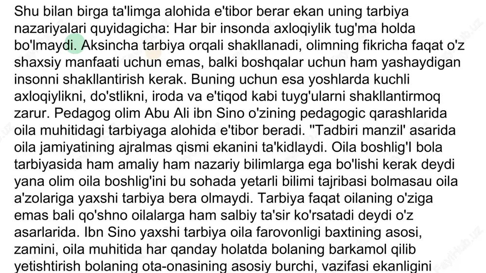 ch kiyem (axloq, iqtisod va siyosat) ga bo'linib, birinchisida bitta shaxs, uning fe'l-atvori qanday bo'lishi haqida; ikkinchisida insonlarning oilada, xo'jalik ishlarida bir-biri bilan munosabatlari qanday bo'lishi va uchinchisida shahar yoki o'lka miqyosida kishilarning bir-biri bilan munosabati qanday bo'lishi, davlatni idora qilish haqida ran boradi. bu turkumlar ham mayda tarmoqlarga bo'linib ketadi. asarda 29 ilm tarmog'i tilga olinadi, ibn sino haqiqiy axloqiy fazilatlarga va ideal jamoaga shu mavjud dunyoda erishuv mumkin, jamiyatda insonlar o'zaro yordam asosida yashashlari kerak deb ta'kidlaydi. jamiyat kishilarning o'zaro kelishuvi asosida qabul qilinadigan adolatli qonunlar yordamida boshqarilishi lozimligini aytadi. jamiyat a'zolarining hammasi bu qonunga itoat etishlari, qonunni buzish va adolatsizlik jazolanishi lozim. agar hokim podshoning o'zi adolatsizlikka yo'l qo'ysa, xalqning unga qarshi qo'zg'oloni to'g'ri va jamiyat tomonidan qo'llab-quvvatlanmog'i kerak, deb hisoblaydi. o'zining axloq to'g'risidagi fikrlarida insonlarning kundalik ishlaridagi eng zarur axloqiy munosabatlarga, kamtarlik, izzathurmat, jasurlik, to'g'rilik, sofdillik kabi xulqiy qoidalarga alohida e'tibor beradi. ibn sino bolaning ilm-fan …