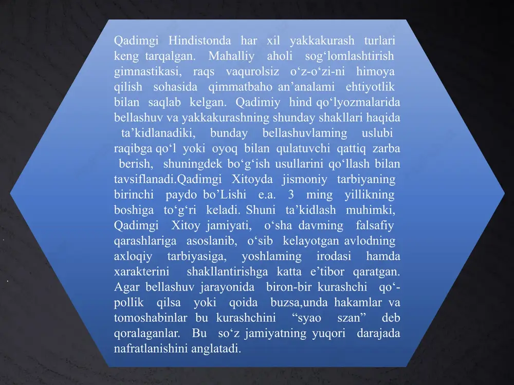 impiya o‘yinlari vataniga aylandi (eramizdan awalgi 766 y.). birinchi olimpiya o4yinlari dasturiga kurash mustaqil sport turi (eramizdan awalgi 708 y.), shuningdek maxsus beshkurashning tarkibiy qismi sifatida (eramizdan awalgi 708 y. dan boshlab) kiritilgan.0 ‘sha davrdagi ko‘pgina taniqli arboblar - matematik pifagor, faylasuf evripid va platon, pindar hamda boshqalar olimpiya o‘yinlari gfcoliblari bo‘lishgan.yunonlaming har tomonlama jismoniy tarbiyalash tizimi o‘mini qadimgi rimdagi aniq ifodalangan harbiy-jismoniy tarbiya egalladi. bunda jangovar o‘yinlar va safdagi tayyogarlikka katta e’tibor qaratildi. gladiatorlar jangi va jangovar aravachalarda musobaqalashish kabi tomoshabop o‘yinlar katta o‘rinni egallay boshladi.yevropada feodalizmning gurkirashi davrida (xi-xv asrlar) ritsarlar jismoniy tarbiyasi tizimi paydo bo‘ldi. har xil yakkakurash turlari (jumladan qurolsiz) uning ajralmas qismiga aylandi. talxoffeming (1443-1467) kurash bo‘yicha birinchi kitoblaridan biridagi o‘quv rasmlarida tasvirlangan harakatlar va qurolsiz o‘z-o‘zini himoya qilish usullari (ular yaponiya samuraylarining udjiu-djitsu” kurashi texnikasini eslatadi) shu haqda dalolat beradiki, xv asrdan bosh-lab ritsarlaming juftlik harbiy mashqlari oddiy xalqning bizning kunlarimizgacha saqlanib qolgan an’anaviy …