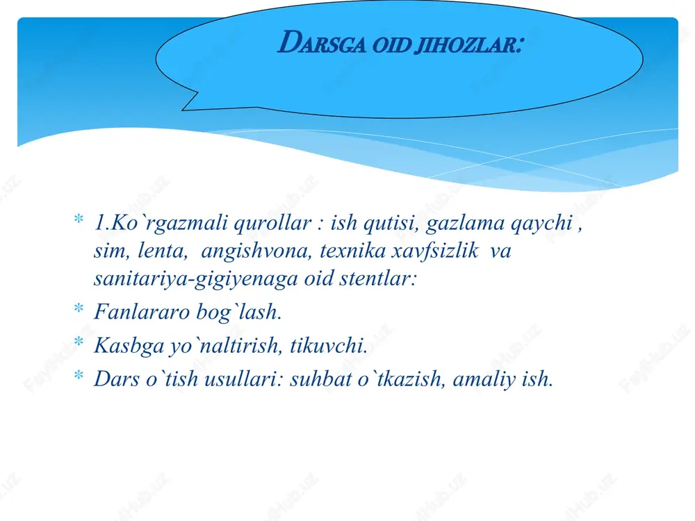 lgan bo`lib, oilada har bir ayol kashta tikishni bilish kerak bo`lgan gardish mulina iplar qaychi, santimet lenta popop chok namunalari stol,stul. qiyiqcha uchun asbob va moslamalar qiyiqcha uchun naqsh nusxalari 1. 110x110 sm o`lchamdagi sidirg`a gazlama bo`lagining qirqimlariga tikuv mashinasida ishlov beriladi. 2. belbog`ning 4 tomonidan bir xil kenglikdagi xoshiya chiziladi belbog`da gulning naqshi asosida 4 ta chetgi qisminig hoshiyasida joylashgan bo`ladi . 3.avval naqsh guli qiyiqchaga tushirilib olinadi, belbog` bo`lib gardishga tortiladi va zanjir chokda gazlama rangidan farq qiluvchi rangli ipda tikib chiqiladi .bunda mulina iplarini ikki qavat qilib ishlatish tavsiya qilinadi. 4. belbog`ga hoshiyadan tashqari uning 4 ta uchi tomonga naqsh gulini tushirib tikish ham mumkin. 5. nusha tikib bo`lingach, belbog`ning avval teskari, so`ngra o`ng tomondan dazmollanadi. 1. kashtachilikda qo`llaniladigan qanday chok turlarini bilasiz? 2. qaytma chok, suv chok, iroqsimon chok, petliya chok,popop chok qanday bajariladi? 3. qiyiqchani tikish uchun qanday moslamalar va asboblar kerak bo`ladi? 4.qiyiqchani tikish …