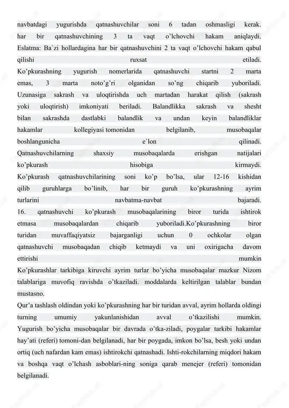 lar hay’ati (referi) tomoni-dan belgilanadi, har bir poygada, imkon bo’lsa, besh yoki undan ortiq (uch nafardan kam emas) ishtirokchi qatnashadi. ishti-rokchilarning miqdori hakam va boshqa vaqt o’lchash asboblari-ning soniga qarab menejer (referi) tomonidan belgilanadi. birinchi kunni yoki butun ko’pkurashni yakunlovchi yugurish turlarida poygalarni tuzish va qur’a tashlash ishtirokchilarning oldingi turdan «qutulganlari» sari o’tkazilishi mumkin, ammo ko’pkurashning eng so’nggi turida bir poyga peshqadamlar qatoriga kiruvchi ishtirokchilardan-gina iborat bo’lishi kerak. menejer (referi) ko’pkurash ishtirokchilari birlashadigan har qanday guruh tarkibini, agar uning fikricha shu ma’qul bo’lsa, o’zgartirib yuborishi mumkin. har bir ishtirokchi ko’rsatgan vaqt uch nafar vaqt o’lchovchi hakam tomonidan yoki butunlay avtomatlashtirilgan o’lchash qurilmasi yordamida aniqlanadi, bunda bitta musoba-qada faqat bitta vaqt o’lchash tizimi (qo’lniki yoki butunlay avtomatlashtirilgan) yugurishning barcha masofalarida qo’llanilishi mumkin. ko’pkurashning yugurish turlarida ishtirokchi startdagi ikkinchi ogohlantirilishdan so’ng diskvalifikasiya qilinadi. uzunlikka sakrash va uloqtirishlarda har bir ishtirokchiga faqat uch marta urinish imkoniyati beriladi. balandlikka va langarcho’p bilan sakrashda planka …