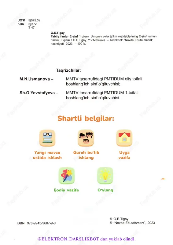o'rtoqlar bilan tanishgansiz. 1 o'tgan yildagi eng yaxshi yutuqlaringizni eslang. 2. bu yil nimalarga erishmoqchisiz? daftarga zinapoyaning rasmini chizib, o'tmishingiz, buguningiz va kelajagingiz haqida yozing yoki rasm chizing. r ^ i o'zingiz haqingizdagi ma’lumotlarni yozing. 0 ‘zingiz, odatlaringiz, nimalarni yaxshi ko'rishingiz haqida aytib bering. hammaning har xil odatlari bo'ladi. kimdir kitob o'qishni yaxshi ko‘radi, kimdir film ko’rishni, o'yin, mashqlami yaxshi ko‘radi. kimdir hayvonlarni yaxshi ko‘rsa, kimdir ovqatni yaxshi ko‘radi. rasmlarga qarab, kim nimaga qiziqishini aytib bera olasizmi? @elektron_darslikbot dan yuklab olindi. men haqimda qism har xilmiz, lekin tengmiz dunyoda juda ko‘p odam yashaydi. hammamiz bir-birimizdan farq qilamiz. har bir inson o'ziga xos va betakrordir. bolalarning ismlarini va ular yashaydigan mamlakatlarning nomlarini o'qing. bu bolalar nimasi bilan farq qiladi? ularning nimasi bir xil? abeni, uganda rama, hindiston akmal, 0 ‘zbekiston yegor, rossiya ■ ... emmi, finlyandiya @elektron_darslikbot dan yuklab olindi. i qism men haqimda hindiston finlyandiya meksika angliya birlashgan arab amirliklari …