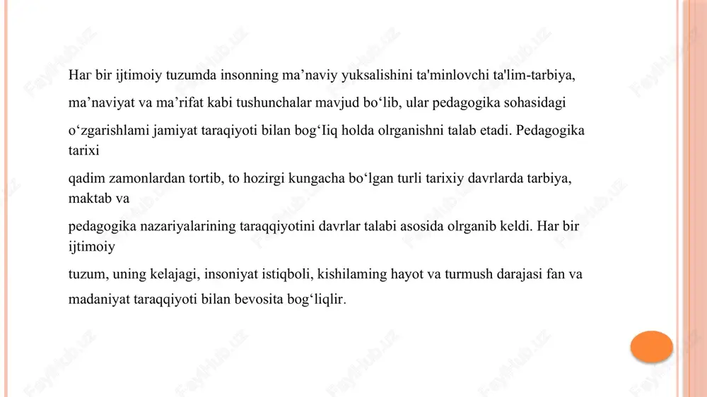uni va metodlarini o'rgatadi. o'tmishning pedagogik tizimlarida bo'lgan ilg‘or fikrlardan ijodiy foydalanadi. pedagogika tarixi ijtimoiy fandir. u tarixiy pedagogika hodisalariga davr talabi asosida yondoshadi, tarbiya nazariyasi va amaliyotini turli bosqichlarda xilma-xil bo'lganligini ochib beradi. pedagogika tarixi» fani bo‘lajak o‘qituvchilarga bilim beribgina qolmay, ularda milliy iftixor va g‘urur hissini ham tarbiyalaydi. chunonchi, yurtboshimiz ta’kidlaganidek: «xalqimiz tayanchiajdodlarimiz qoldirgan ma’naviy merosning o‘zi bir xazina. bu xazinadan odilona foydalanish lozim». biz pedagogika tarixi fanini olrganish va tahlil qilishda quyidagilarga asoslanamiz. bular: qadimgi yozuvlar, bitiklar, qo‘l yozma yodgorliklari, sharq mutafakkirlarining ilmiy, ma’naviy merosi, xalq og‘zaki ijodi, muqaddas kitoblar, pandnomalar, dasturlar, o‘quv qocllanmalari, darsliklar va xalq maorifi masalalariga oid materiallar. pedagogika tarixi fanining metodologiyasi esa milliy va umumbashariy qadriyatlar, xalq pedagogikasi, markaziy osiyo va sharq mutafakkirlarining ilmiy va ma'naviy merosi, 0 ‘zbekiston respublikasi konstitutsiyasi, o'zbekiston respublikasining birinchi prezidenti i.karimovning ta?lim-tarbiyaga oid asarlari va milliy istiqlol g'oyasi haqidagi nazariyalar hisoblanadi. pedagogika tarixi fanining ilmiy-nazariy, ijtimoiy-amaliy vazifalari quyidagilardan …
