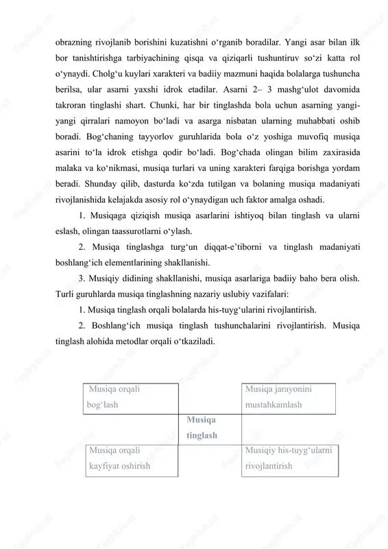 hdagi bolalar tarbiyasidsa musiqiy tarbiya alohida ahamiyat kasb etib, muntazam ravishda olib boriladigan tarbiya jarayonining bir qismini tashkil etadi. mazkur qo‘llanma mtmgacha ta’lim musassalarida musiqiy tarbiyani amalga oshirish dasturida belgilangan ertalik va bayramlarni nishonlashga qaratilgan tadbir va bayramlarni tashkil qilish jarayoniga qaratilgan. musiqa, ayniqsa, milliy musiqa, bola tarbiyasiga benihoya katta ta’sir ko‘rsatib, ularda yuqori darajadagi badiiy, estetik zavq va didni shakllantiradi, go‘zallikni musiqa orqali idrok etishda yetakchi rol o‘ynaydi. bolalar bog‘chasida musiqiy tarbiya quyidagi vazifalarni o‘z oldiga qo‘yadi: – musiqa tinglash; – vokal ijrochilik; – milliy musiqa asboblari bilan tanishtirish; – bastakor hayoti va ijodi bilan tanishtirish; – musiqa turlari bilan tanishtirish; – ritmik harakat va raqs asoslari bilan tanishtirish; – bolalarda ijobiy qobilyatlarni aniqlash va rivojlantirish; – musiqa vositalari orqali bolalar tarbiyasini tobora shakllantirish; musiqa rahbarlari ushbu vazifalarni amalga oishirar ekanlar, o‘z ish tajribalarida turli faoliyat shakllaridan keng foydalanadilar;– musiqa mashg‘ulotlari (vazifa va maqsadiga qarab, turli mavzu va yo‘nalishda …
