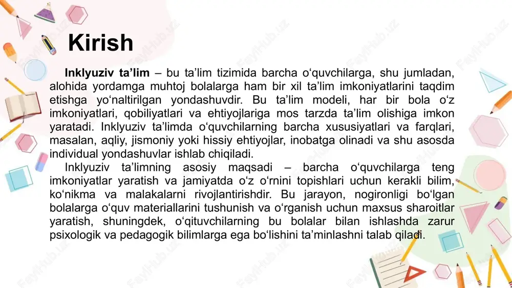 vojlanish va mustaqil ta’lim olishiga yordam berish uchun maxsus ishlab chiqiladi. alohida yordamga muhtoj bolalar uchun ishlab chiqilgan maxsus qurilmalar ularning ta’limga bo‘lgan imkoniyatlarini kengaytiradi. masalan, brayl yozuvini chop etuvchi 3d printerlar ko‘rish qobiliyati past bolalar uchun matn va rasmlarni hajmli shaklda yaratib, ularga bilim olishda katta yordami tegadi. shuningdek, ovoz kuchaytiruvchi va nutq sintezatorlari eshitish qobiliyati past bo‘lgan bolalar uchun tinglab o‘rganish imkoniyatini oshiradi. jismoniy imkoniyati cheklangan bolalar uchun esa maxsus sensorli klaviaturalar, bosh bilan boshqariladigan sichqoncha yoki ovoz yordamida ishlovchi qurilmalar mavjud bo‘lib, ular bolalarning mustaqil o‘qish va yozish imkoniyatlarini oshirishga xizmat qiladi. shu bilan birga, o‘quv dasturlari va interaktiv ilovalar ta’lim jarayonini yanada qiziqarli va samarali qiladi. maxsus ishlab chiqilgan ilovalar yordamida bolalar mantiqiy fikrlash, nutq rivojlantirish va ijtimoiy ko‘nikmalarni shakllantirish imkoniyatiga ega bo‘ladilar. bunday ilovalar o‘quv jarayoniga o‘yin elementlarini qo‘shib, bolalarning e’tiborini jalb qiladi va ularning darslarga bo‘lgan qiziqishini oshiradi. texnologiyalar nafaqat bilim olish jarayonini qulaylashtiradi, …