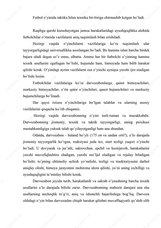 vozabonning yuksak mahoratini ko’rsatadi. hozirgi futbolda qanot himoyachilarining vazifalari kengayib ketdi. ularning vazifasi endilikda raqib hujumini "buzish" dangina iborat bo’lmay, balki himoyada ishonchli va mohirona o’ynash bilan o’z jamoasining hujum harakatlariga faol qo’shilishni uyg’unlashtirib olib borishdan iborat bo’lib qoldi. ish hajmining juda ortib, harakat turlarining ko’payib ketishi himoyachilarning jismoniy tayyorgarlik darajasi ortishini - kuchi, tezkorligi, tezlik chidamliligi, epchilligi, sakrovchanligi, start tezligining yuksakligi rivoj topishini talab qilib qoldi. bu o’yinchilarning harakat muvofiqligi yaxshi bo’lishi, yerda va havoda mohirona yakkama-yakka tortisha olishlari kerak. ular jamiki texnik usullarni yaxshi bilishlari, raqiblarga mohirona bas kelib, himoya va hujumni uyushtirishda kerak vaqtida, bilib birgalashib harakat qilishlari kerak. mudofaada qanot himoyachilariga bo’lgan asosiy talablar: a) zonada mohirona harakat qilish; b) raqib darvozasiga yaqinlashib qolganda, qattiq qo’riqchilik qilishga o’tish (yakkama-yakka kurashda ham mohirona o’ynash bilan birga); v) havoda kurash olib borish (yuqoridan to’p uzatilganda); g) sheriklarini, lozim bo’lib qolganda esa darvozabonni ham straxovka qilish; d) raqib zarba …