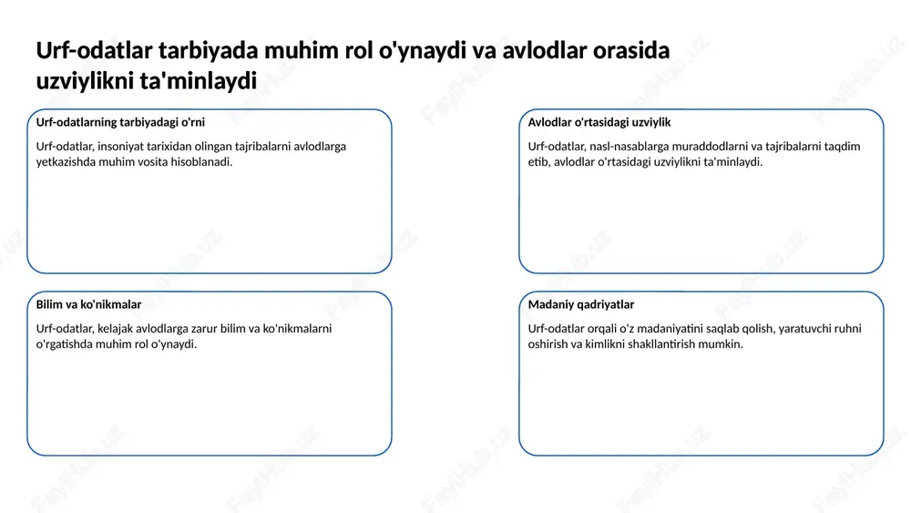 tlarni inobatga olish zarur rivojlanish va qadriyatlar rivojlanish jarayonida milliy qadriyatlar asosida ta'lim berish, yosh avlodlarning ijtimoiy faolligini oshiradi va ularni sharqona ma’naviyat ruhida tarbiyalaydi. 6 urf-odatlar orqali bolalarga tarbiya berish madaniy merosni saqlaydi urf-odatlar ahamiyati urf-odatlar xalqning tarixiy tajribasini o'zida mujassam etadi va bolalarga o'z xalqining madaniyatini o'rgatadi urf-odatlar orqali bolalarga tarbiya berish madaniy merosni saqlaydi tarbiya jarayoni bolalar urf-odatlar orqali tarbiyalanganida, ular milliy qadriyatlar va an'analarni chuqurroq anglaydilar urf-odatlar orqali bolalarga tarbiya berish madaniy merosni saqlaydi ijtimoiy aloqalar urf-odatlar va an'analar bolalar o'rtasida ijtimoiy aloqalarni rivojlantiradi va ularni bir-biriga yaqinlashtiradi urf-odatlar orqali bolalarga tarbiya berish madaniy merosni saqlaydi 7 tarbiyadagi urf-odatlar avlodlar o'rtasida o'zaro hurmatni oshiradi urf-odatlarning ahamiyati tarbiyada urf-odatlar avlodlar o'rtasida muloqotni yaxshilaydi tarbiyadagi urf-odatlar avlodlar o'rtasida o'zaro hurmatni oshiradi hurmatni rivojlantirish an'analar yoshlarda katta poklik va hurmatni shakllantiradi tarbiyadagi urf-odatlar avlodlar o'rtasida o'zaro hurmatni oshiradi kelajak avlod urf-odatlar kelajak avlodlarga an'analarni vaqti kelganda uzatadi tarbiyadagi urf-odatlar …