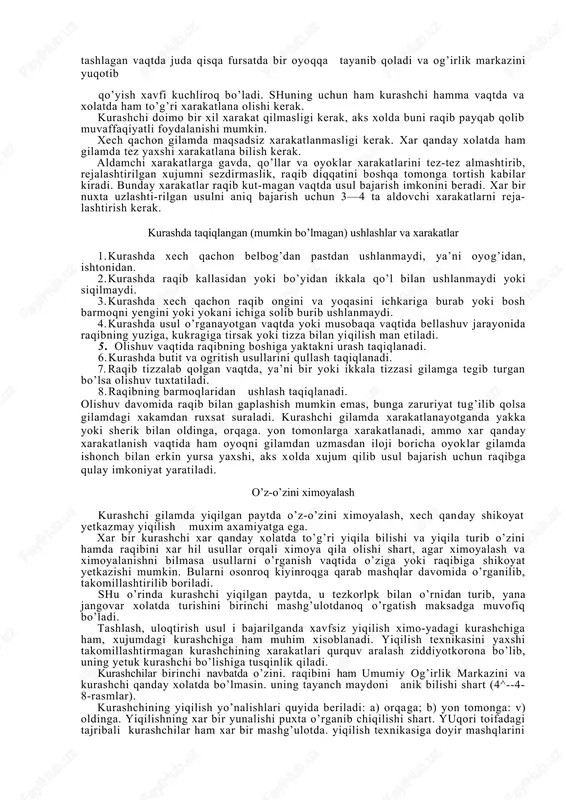 onlarga xarakatlanadi, ammo xar qanday xarakatlanish vaqtida ham oyoqni gilamdan uzmasdan iloji boricha oyoklar gilamda ishonch bilan erkin yursa yaxshi, aks xolda xujum qilib usul bajarish uchun raqibga qulay imkoniyat yaratiladi. o’z-o’zini ximoyalash kurashchi gilamda yiqilgan paytda o’z-o’zini ximoyalash, xech qan​day shikoyat yetkazmay yiqilish muxim axamiyatga ega. xar bir kurashchi xar qanday xolatda to’g’ri yiqila bilishi va yiqila turib o’zini hamda raqibini xar hil usullar orqali ximoya qila olishi shart, agar ximoyalash va ximoyalanishni bilmasa usul​larni o’rganish vaqtida o’ziga yoki raqibiga shikoyat yetkazishi mum​kin. bularni osonroq kiyinroqga qarab mashqlar davomida o’rganilib, takomillashtirilib boriladi. shu o’rinda kurashchi yiqilgan paytda, u tezkorlpk bilan o’rnidan turib, yana jangovar xolatda turishini birinchi mashg’ulotdanoq o’rgatish maksadga muvofiq bo’ladi. tashlash, uloqtirish usul i bajarilganda xavfsiz yiqilish ximo-yadagi kurashchiga ham, xujumdagi kurashchiga ham muhim xisoblanadi. yiqilish texnikasini yaxshi takomillashtirmagan kurashchining xara​katlari qurquv aralash ziddiyotkorona bo’lib, uning yetuk kurashchi bo’lishiga tusqinlik qiladi. kurashchilar birinchi navbatda o’zini. raqibini ham …