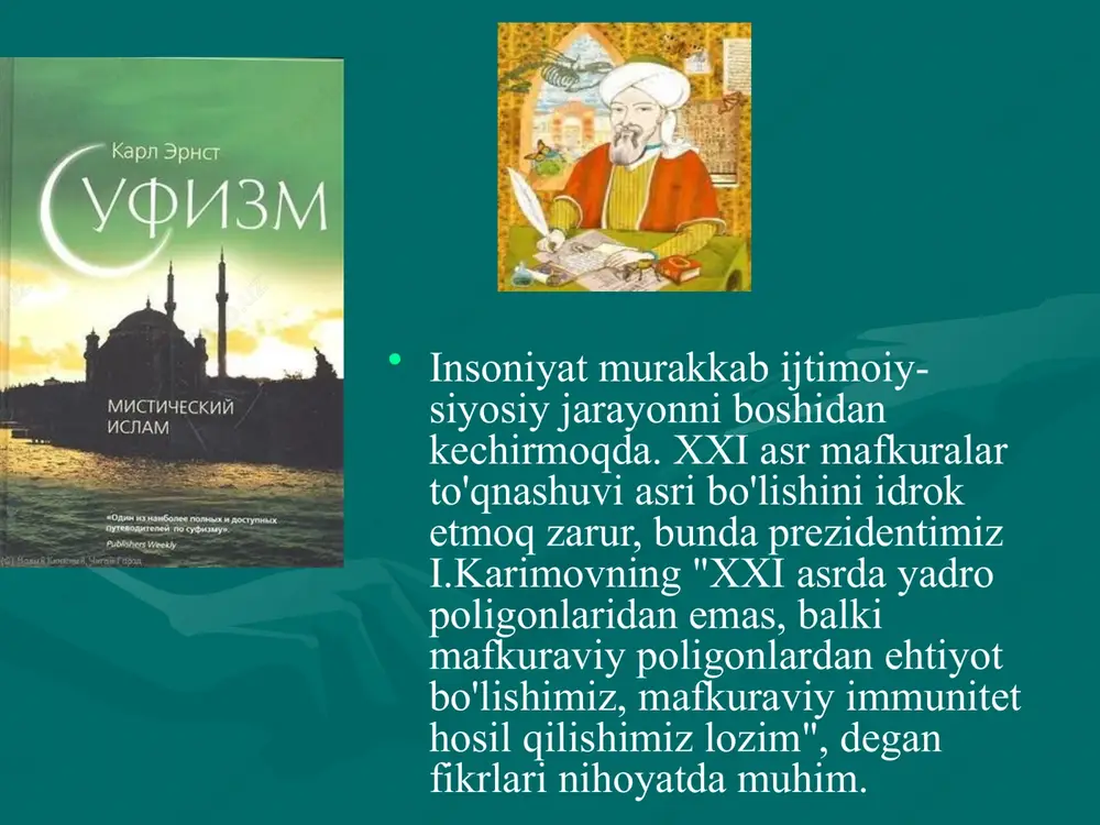 larda esa shialik g`oyalari alohida ajratib tushintiriladi. sunniylik ko`pgina arab va musilmon mamlakatlarning davlat mafkurasini tashkil qiladi. eron islom respublikasida shialikning imomiy – ja`fairy mazhabi davlat huquqining asosidir. sunniylikda fiqhiy maktablardan tashqari aqidaviy muammolarda ixtilofga brogan ko`pgina mazhablar mavjud bo`lib, ular asosan quydagi mazhablarda bir – biridan farq qiladi. 1. oliy hokimyat imomat, halifalik 2. iymon. 3. qazo va qadar 4. allohning zoti vasifatlari masalasi. 5. fiqhiy masalalar. har qanday musulmon fiqihda malum maktab yoki mazhabga masalan, hanafiylikka ergashgan bo`lishi bilan bir vaqtda, iymon masalasida asha`riy, taqdirb masalasida qadariy, sifat masalasida esa mo`taziliy aqidasida bo`lishi mumkin. azaldan bizning yurtimizda fiqihda hanafiylik, aqidada esa moturudiy talimotiga rioya qilib kelingan. lekin usul asosiy masalalar yuqorida sanab o`tilgan sunniylik mazhablari asosida hech qanday ihtilof, qarama – qarshilik yo`qdir. ularning barchasi (to`g`ri) yo`ldan boruvchi deb etibor etilgandir. 1. islom dinida etirof etilgan yo`nalish va mazhablar. 2. sunniylik ahli sunna val jamoa faqihlar ijtihod vositasi …