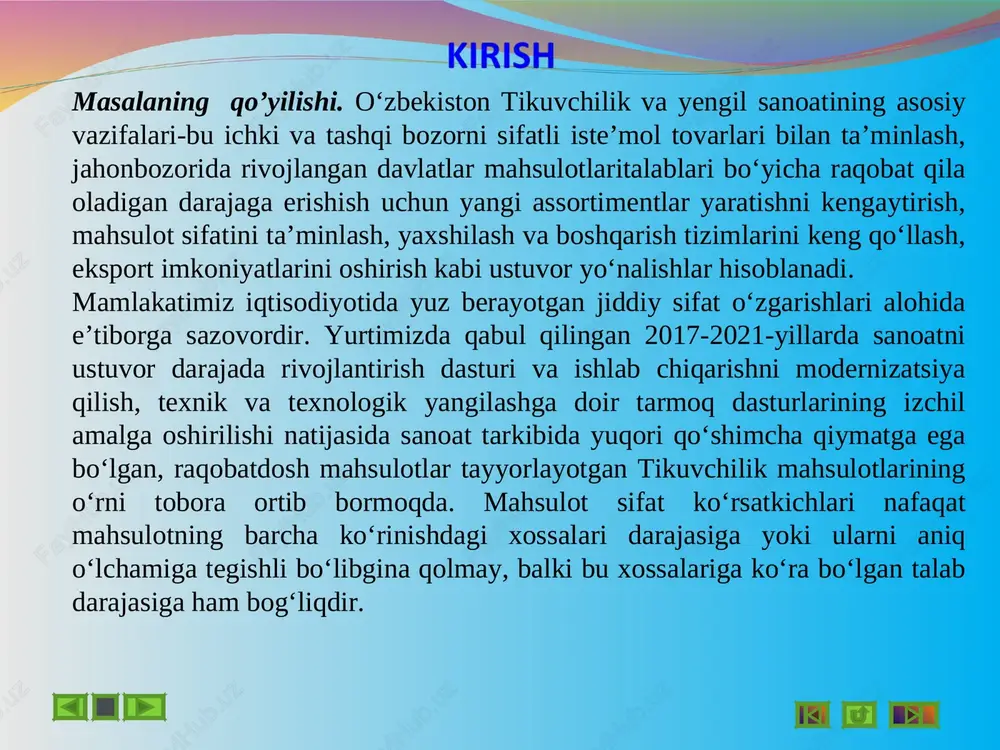 tushiriladi. 29 8-rasm. tikuvchilik materiallarini tashish aravachasi o’lchab bo’lingan to’plar rulon qilib o’ralib 19-2000 c haroratli xonalarda saqlanadi. tikuvchilik materiallarini saqlash uchun mavjud qurilmalarni 2 guruxga ajratish mumkin: 1-guruh-statsionar qurilmalar; 2-guruh-haraktlanuvchi yacheykalari bor qurilmalar. tikuvchilik materiallarilarni saqlaydigan qurilmalarni tanlashda quyidagi talablar ko’zda tutiladi: 1. tayyorlov sehi binosidan ratsional foydalanish; bu degani, xona balandligidan, xona sahnidan va tikuvchilik materiallari saqlash qurilmalarida qanchalik to’plar zich joylashganligidan foydalanish. 2. tikuvchilik materiallari to’plarini saqlash, qidirib topish va tashish usullarini mexanizatsiyalashtirish va avtomatlashtirish imkoniyatini berish. tikuv korxonasining tayyorlov sexida tikiladigan har bir modelga konfektsion kartasi tuziladi. unda avra, astar, qo’shimcha materiallarning artikullari, ip va tugma nomerlari, bezak materiallari va ularni namunalari ko’rsatiladi. konfektsion kartani tayyorlov sexida konfektsioner tuzadi va korxonani bosh muxandisi tasdiqlaydi. 1.2. tikuvchilik materiallarini turlari materiallarning turlari assortiment so'zi bilan belgilanadi. assortiment-bu inglizcha so'z bo'lib, u “kompleks” yoki “to'plam ” manosini bildiradi. turli ishlanishdagi va vazifadagi materiallarning biror birjinsli belgisiga ko'ra jamlanuviga assortiment …