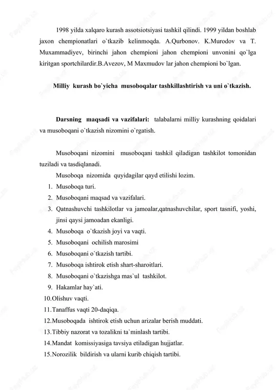 nchiligida har bir jamoaning qatnashchisi olgan o`rni va shunga qarab har bir jamoaningolgan o`rni aniqlanadi. g) ochiq gilam birinchiligida har bir kurashchi o`zining sport klassifikatsiyasi, unvoni va mahoratini oshirish uchun kurashadi. d) mutloq birinchilikda har qanday kurashchi vazn toifasidan qatiy nazar (bosh hakam ruxsati bilan qatnashish huquqiga ega) e) jamoa-jamoa bilan gilamga chiqib vazn bo`yicha ketma-ket qurashish. hakamlar hay`ati. har bir musoboqani o`tkazishdan oldinshu musoboqani o`z hududiga tashkil qilayotgan davlat musoboqa xizmat qiladigan davlat musoboqa da xizmat qiladigan hakamlar ruyxatini musoboqa ish qismiga qarab kurash federatsiyalar tomonidan tasdiqlanganhakkalar ana shu musoboqada xizmat qilishga haqlidirlar. har bir xalqaro turnir, qitalar chempionati va birinchiligi, jahon chempionati va birinchiligi, olimpiya o`yinlari dasturidagi kurash musoboqalarida faqatgina kurash halqaro assotsiatsiyasi tomonidan tasdiqlangan va maxsus sertifikatga ega bo`lgan hakamlar faoliyat ko`rsatadi. hakamlar hay`atini tarkibi: a) bosh hakam b) bosh hakam yordamchilari ularning soni. musoboqalar o`tkaziladigan gilamlar sonidan bir kishiga ko`p bo`lishi lozim. v) bosh kotib va …