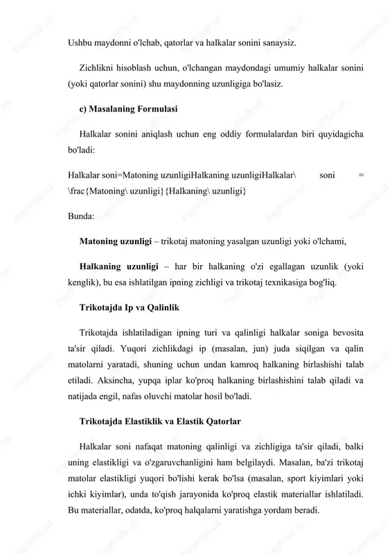 osil bo'ladi. trikotajda elastiklik va elastik qatorlar halkalar soni nafaqat matoning qalinligi va zichligiga ta'sir qiladi, balki uning elastikligi va o'zgaruvchanligini ham belgilaydi. masalan, ba'zi trikotaj matolar elastikligi yuqori bo'lishi kerak bo'lsa (masalan, sport kiyimlari yoki ichki kiyimlar), unda to'qish jarayonida ko'proq elastik materiallar ishlatiladi. bu materiallar, odatda, ko'proq halqalarni yaratishga yordam beradi. halkalar soniga ta'sir etuvchi omillar bir nechta omillar halkalar soniga bevosita ta'sir qiladi: ip turi va zichligi: yuqori zichlikdagi iplar kamroq halkaning birlashishiga olib keladi. to'qish texnikasi: trikotaj texnikasi (masalan, ipning ishlash usuli yoki o'zgartirishlar) ham halkalar soniga ta'sir qiladi. matoning turi: keng yoki tor naqshlar yaratish uchun trikotajda har xil texnikalar va naqshlardan foydalaniladi. xulosa trikotaj matoning halkalar sonini aniqlashda, yuqoridagi usullardan foydalanib, siz matoning sifatini va o'lchamlarini yaxshi baholashingiz mumkin. bu bilim, shuningdek, ishlab chiqarish jarayonlarini optimallashtirish, turli xil matolar yaratish va dizayn qilishda juda foydalidir. agar trikotajda muayyan bir model yaratish yoki maxsus mato …