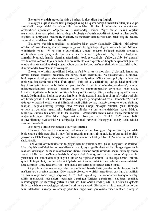 i e’tiborga olgan holda, o‘qitish usullarini, tashkiliy shakllarini ishlab chiqish; 5. o‘qitish jarayonida qo‘llash uchun zarur jihozlarni aniqlash. biologiya xonasi tirik burchak, tajriba er maydonini tashkil etish, tabiiy, tasviriy, dinamik, audio, video vositalarni belgilash. biologiya o‘qitish metodikasining ob’ekti bo‘lib, mazkur o‘quv fani bilan aloqador bo‘lgan ta’lim-tarbiyaviy jarayon hisoblanadi. biologiya o‘qitish metodikasining predmeti bo‘lib biologik ta’limning maqsadi, mazmuni, o‘qitish usullari, shakllari, o‘quvchilarning tarbiyasi va rivojlanishidir. mazkur kurs ma’ruza va laboratoriya mashg‘ulotlarida ushbu masalalar yuzasidan fikr yuritiladi. biologiya o‘qitish metodikasining ilmiy – tadqiqot metodlari. biologiya o‘qitish metodikasi fan sifatida quyidagi ilmiy-tadqiqot metodlariga tayanadi. 1.maktab o‘qituvchilarining ish tajribasini kuzatish va faoliyatdagi ijobiy, salbiy tomonlarini aniqlash; 2.bu sohada to‘plangan ma’lumotlarni tahlil qilish, umumlashtirish va hal etilmagan muammolarni aniqlashtirish va ularni hal etish uchun zarur ishchi farazlarni ilgari surish; 3.ilgari surilgan farazlarning qanchalik haqiqatga yaqin ekanliklarini aniqlash maqsadida ta’lim muassasalarida pedagogik tajribalar o‘tkazish hamda tajribaviy, nazorat sinflardan olingan ma’lumotlarni o‘zaro taqqoslash; 4.kuzatish va pedagogik eksperimentlardan …