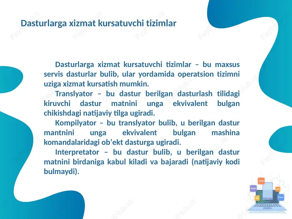 matnini boshka yuqori daraja dasturlash tiliga aylantirish uchun muljallangan. ular s1 dasturlash tilida yozilgan dasturni s2 dasturlash tiliga aylantirish uchun kerak. dizassembler - bu mashina kodlari ketma-ketligini assembler kurinishiga oʼzgartiradigan dastur. izox: ular ham baʼzi bir xarakatlar tizimini bajarilishini assembler kurinishida kurish imkonini yaratadilar. kross-tizim – bu dastur bir hisoblash mashinasida mashina kodlarida ifodalangan boshqa bir hisoblash mashinasining dasturlarini olish uchun qoʼllaniladi. loyihalashtirilayotgan hisoblash tizimlari arxitekturasini otladka qilish uchun foydalaniladi. dasturlash dasturlash – kompyuterlar va boshqa mikroprosersorli elektron mashinalar uchun dasturlar tuzish, sinash va oʼzgartirish jarayonidan iborat. odatda dasturlash yuqori saviyali dasturlash tillari (delphi, java, c++, python) vositasida amalga oshiriladi. bu dasturlash tillarining semantikasi odam tiliga yaqinligi tufayli dastur tuzish jarayoni ancha oson kechadi. dasturlash - elektron mashinalarda masalalarni yechish hamda ularda har xil aqliy mehnat turlarini bajarish nazariyasi va usullarini ishlab chiqish bilan shugʼullanadigan fan, algoritmlar nazariyasining amaliy boʼlimi, insonning mashina bilan aloqa qilish vositasi. asosiy vazifalaridan biri elektron …