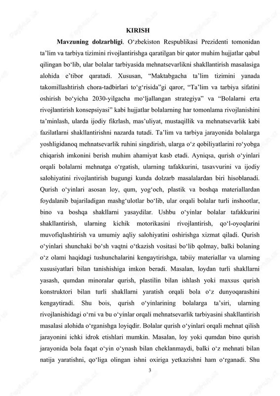 shdan o‘yin orqali mehnat faoliyatiga jalb qilinishi muhim rol o‘ynaydi. masalan, bolalar qurish o‘yinlari orqali muayyan vazifalarni bajarishga o‘rganadilar. ular o‘zlariga topshirilgan mas’uliyatni his qilishadi, jarayonda diqqat-e’tiborini jamlashga intiladilar. bu esa bolalarning kelajakda o‘z oldiga qo‘ygan maqsadlarga erishish, mehnatni qadrlash va o‘z ishiga mas’uliyat bilan yondashish kabi fazilatlarni shakllantirishga xizmat qiladi. mehnatsevarlik tarbiyasi inson hayotida muhim o‘rin tutadi, chunki aynan shu xislat insonning muvaffaqiyatli shaxs bo‘lishida muhim omillardan biri hisoblanadi. qurish o‘yinlari bolalarning mustaqillik ko‘nikmalarini ham rivojlantiradi. ular o‘z fikrlarini ifodalash, tasavvurini amalga oshirish uchun mustaqil ravishda harakat qilishni o‘rganadilar. masalan, bola yog‘och kublardan o‘ziga yoqqan bino yoki minorani qurayotganda, u avval bu shaklni xayolida tasavvur qiladi, keyin esa uni amalga oshirish uchun harakat qiladi. bu jarayonda bola o‘z fikrini mustaqil ravishda shakllantirish, qaror qabul qilish va o‘zining natijasiga yetib borish imkoniyatiga ega bo‘ladi. bundan tashqari, qurish o‘yinlari orqali bola mehnat qilishning zavqli tomonlarini ham his qiladi. u o‘zi yasagan …
