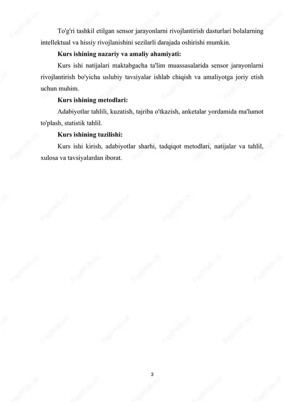 bgacha yosh sensor jarayonlarni rivojlantirish davri bolalarning hayotida muhim bosqich hisoblanadi. bu davrda bolalar dunyoni kashf etish va idrok etishni boshlaydilar, ularning sezgi organlari orqali ma'lumotni qabul qilish qobiliyati rivojlanadi. sensor jarayonlar deganda, sezgi organlari (ko'rish, eshitish, hidlash, tatib ko'rish, teginish) orqali keladigan ma'lumotlarni qabul qilish va qayta ishlash jarayoni tushuniladi. maktabgacha yosh bolalarda sensor jarayonlarni rivojlantirishning ahamiyati quyidagilarda namoyon bo'ladi: 1. intellektual rivojlanish: sensor jarayonlar bolalarning intellektual rivojlanishiga asos bo'lib, atrof-muhitni tushunish va idrok etish qobiliyatlarini shakllantiradi. 2. o'qishga tayyorgarlik: bolalarning sensor jarayonlarini rivojlantirish ularning maktab ta'limiga tayyorgarligini mustahkamlaydi. bolalar yangi ma'lumotlarni tez va samarali qabul qila olishadi. 3. umumiy rivojlanish: sensor jarayonlar bolalarning hissiy va jismoniy rivojlanishiga ijobiy ta'sir ko'rsatadi. ularning atrof-muhit bilan bog'lanish va muloqot qilish qobiliyatlari oshadi. sensor jarayonlarni rivojlantirishning usullari va metodlari turli xil bo'lishi mumkin, jumladan didaktik o'yinlar, multimediali vositalar, interfaol ta'lim usullari va boshqalar. ushbu usullar bolalarning sezgi organlarini rivojlantirishga yordam beradi va …