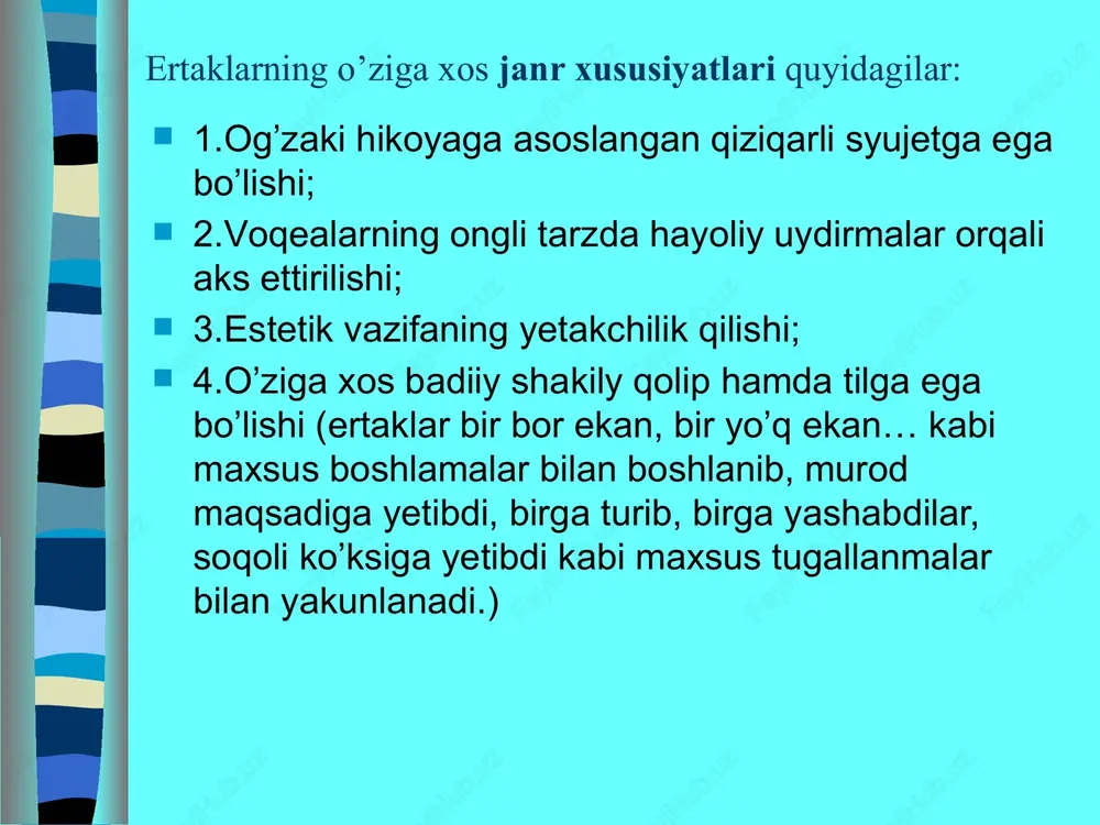 lashdan iborat bo’lsa, “donishmand” ertagida ahillikka undashdan iborat. ertakda xalq o’z hayotini o’zi hikoya qiladi, shuning uchun o’quvchilar ertakni o’qish bilan ma’lum davrdagi xalq hayotini, o’ylari va orzu-istaklarini bilib oladilar. ertak o’quvilar nutqini o’stirishda ham katta ahamiyatga ega. ertak matni bog’lanishli nutqni o’stirish uchun zarur material beradi. kichik yoshdagi o’quvchilar ertakni juda qiziqib, obrazli ifodalarni va tasviriy vositalarni, shuningdek, ertakning o’ziga xos sintaktik qurilishini, gap tuzilishini saqlagan holda jonli aytib beradilar. ertak ustida ishlashda bolalarni ertakni o’qishgagina emas, balki uni aytib berishga o’rgatish ham muhimdir. ertak aytish og’zaki nutqni o’stiradi, bolalar nutqini yangi so’z va iboralar bilan boyitadi, ona tiliga muhabbatni tarbiyalaydi. 1-sinfdayoq ertak tilidan erkin foydalanishga o’rgatish uchun ertak bilan birinchi tanishtirishda uni o’qituvchi aytib berishi mumkin. ertakni izohli o’qitish darsining qurilishi quyidagicha bo’lishi mumkin: 1) o’quvchilarni ertakni idrok etishga tayyorlash; 2) o’qituvchining ertakni ifodali o’qishi, yod aytib berishi; 3) ertakni o’quvchilar qanchalik idrok etganliklarini aniqlash maqsadida qisqacha suhbat …