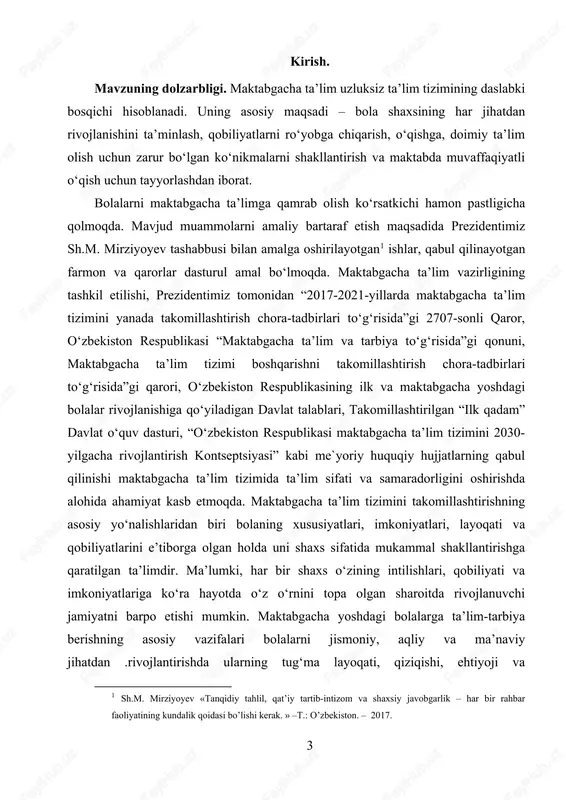 maktabgacha yoshdagi bolalar ko‘pincha kamchiliklarini tanqid qilishadi, tengdoshlariga shaxsiy xususiyatlar beriladi, bolalar va kattalar o‘rtasidagi munosabatlar, shuningdek, kattalar va kattalar o‘rtasidagi munosabatni qayd qiladi. biroq, ota-onalar bolalarga misol bo‘la oladi. shuning uchun, ota-onalar bolaga ijobiy ma’lumotni kiritish, shaxsiy yoki intellektual ma’lumot bo‘lsin, u bolaga qo‘rquv, xavotir va haqoratni keltirmasliklari kerak. [1: sh.m. mirziyoyev «tanqidiy tahlil, qat’iy tartib-intizom va shaxsiy javobgarlik – har bir rahbar faoliyatining kundalik qoidasi bo’lishi kerak. » –t.: o’zbekiston. – 2017. ] mavzuning o‘rganilganlik darajasi: sayr orqali bolalarda sadoqat hissini tarbiyalash haqida dastlabki ma’lumotlarni o‘rganish va yig‘ish maboynida, sayr haqida ma’lumotga va uning tashkil qilish bosqichlari haqida bilib oldik. buyuk sharq mutakkirlarining sayr va uning bola hayotidagi ahamiyati haqidagi qarashlari, ulardan bizgacha yetib kelgan va kelmagan ma’naviy boylik hisoblanmish asarlari haqida bilib oldik. shuningdek, ushbu olimlarning asarlarida sayr va uning rivojlanishi, rivojlanish bosqichlariga qaratilgan e’tiborni o‘rganib chiqdik. kurs ishining maqsadi: sayr orqali bolalarda sadoqat hissini tarbiyalashning rivojlanishi …