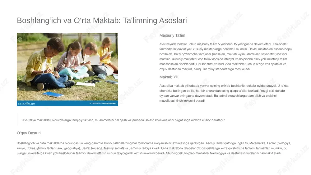 ‘nikmalarni berishga ixtisoslashgan. vet tizimi milliy darajada tan olingan malakalarni taqdim etadi, bu esa bitiruvchilarga avstraliya bo‘ylab va xalqaro miqyosda ish topish imkonini beradi. amaliy yo‘nalishlar va keng qamrovli kurslar vet tizimi 500 dan ortiq turli kasblar bo‘yicha tayyorlov dasturlarini taklif etadi. bularga qurilish, it, sog‘liqni saqlash, mehmonxona biznesi, turizm, injeneriya, ijodiy sanoat va boshqa ko‘plab sohalar kiradi. har bir kurs amaliy mashg‘ulotlar, laboratoriya ishlari va real ish muhitini simulyatsiya qilishga urg‘u beradi. talabalar ko‘pincha kurs davomida ish joyida amaliyot o‘tash imkoniyatiga ega bo‘ladilar, bu ularga nazariy bilimlarni amaliyotda qo‘llashda yordam beradi. o‘quv yili va ish joyida amaliyot vet kurslarining davomiyligi 6 oydan 4 yilgacha bo‘lishi mumkin, bu tanlangan kurs va malaka darajasiga bog‘liq. misol uchun, qisqa sertifikat kurslari bir necha oy davom etishi mumkin, diplom va ilg‘or diplom dasturlari esa bir yoki ikki yilni oladi. ba'zi kasb-hunar dasturlari stajirovka yoki ish joyida amaliyotni majburiy qilib belgilaydi, bu esa talabalarga …